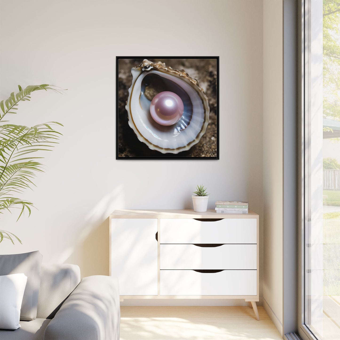 Pink Pearl in Oyster Shell Framed Canvas Wall Art Beach Lover Vacation Oceanic Gift Nature Lover Peaceful Zen Gift 3 frame colors