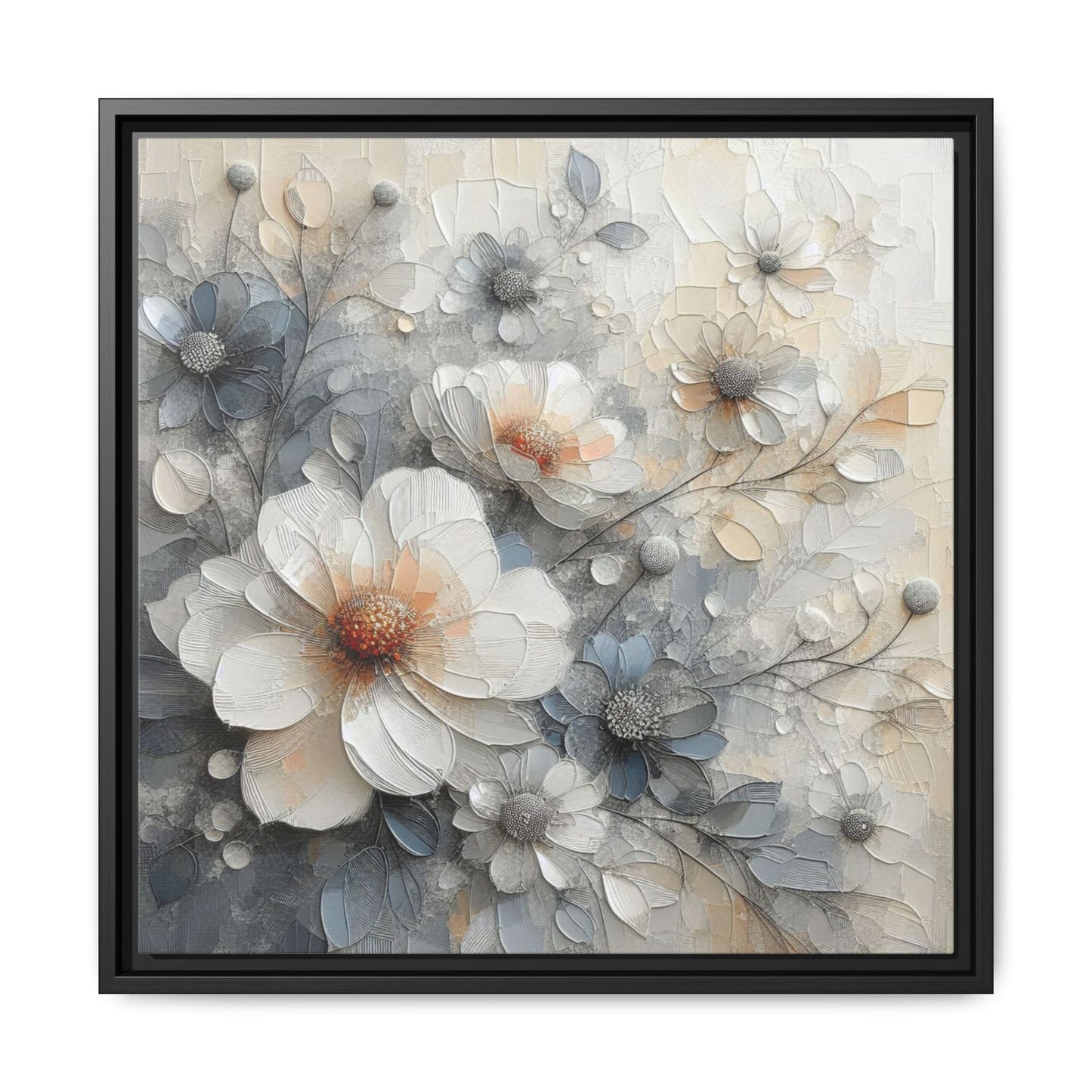 Modern Grey and White Floral Design Unique Framed Canvas Wall Art Flower Lover Gift Nature Lover Gift 3 frame colors