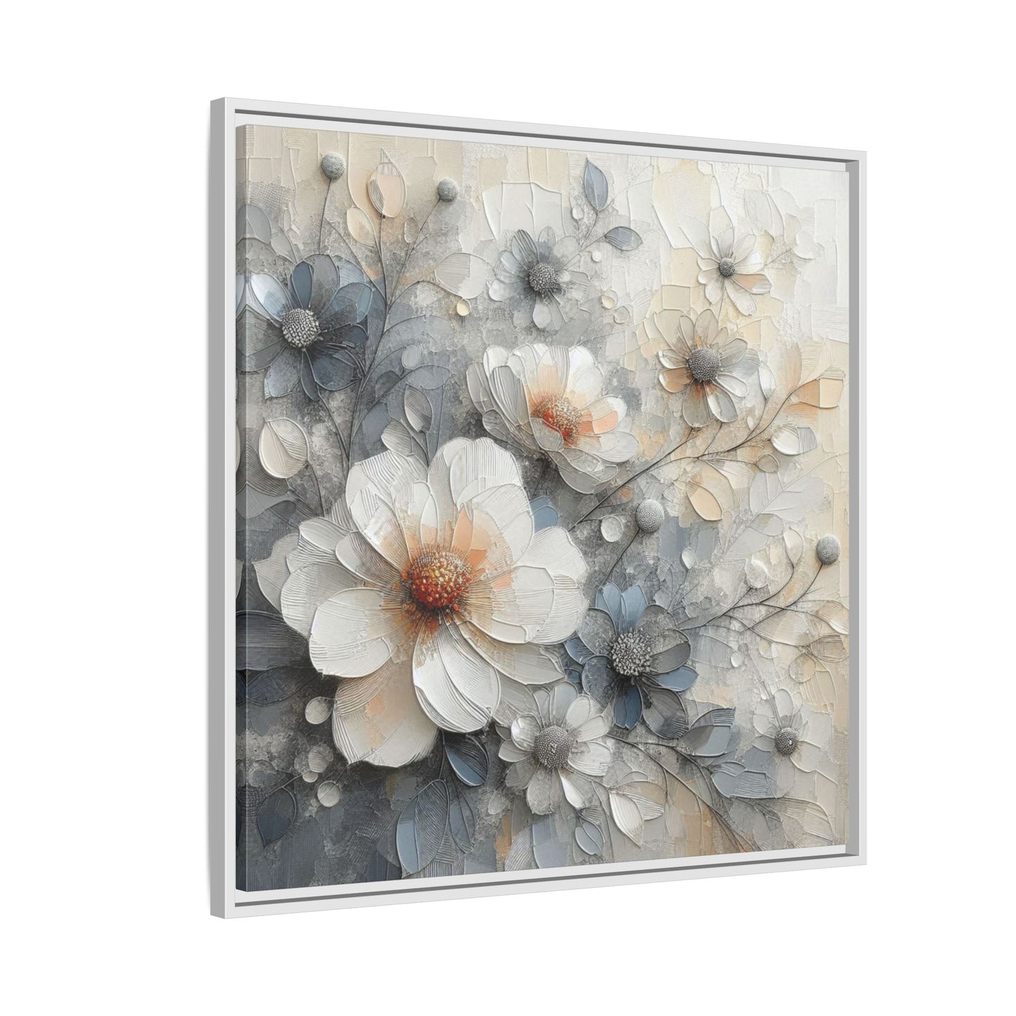 Modern Grey and White Floral Design Unique Framed Canvas Wall Art Flower Lover Gift Nature Lover Gift 3 frame colors