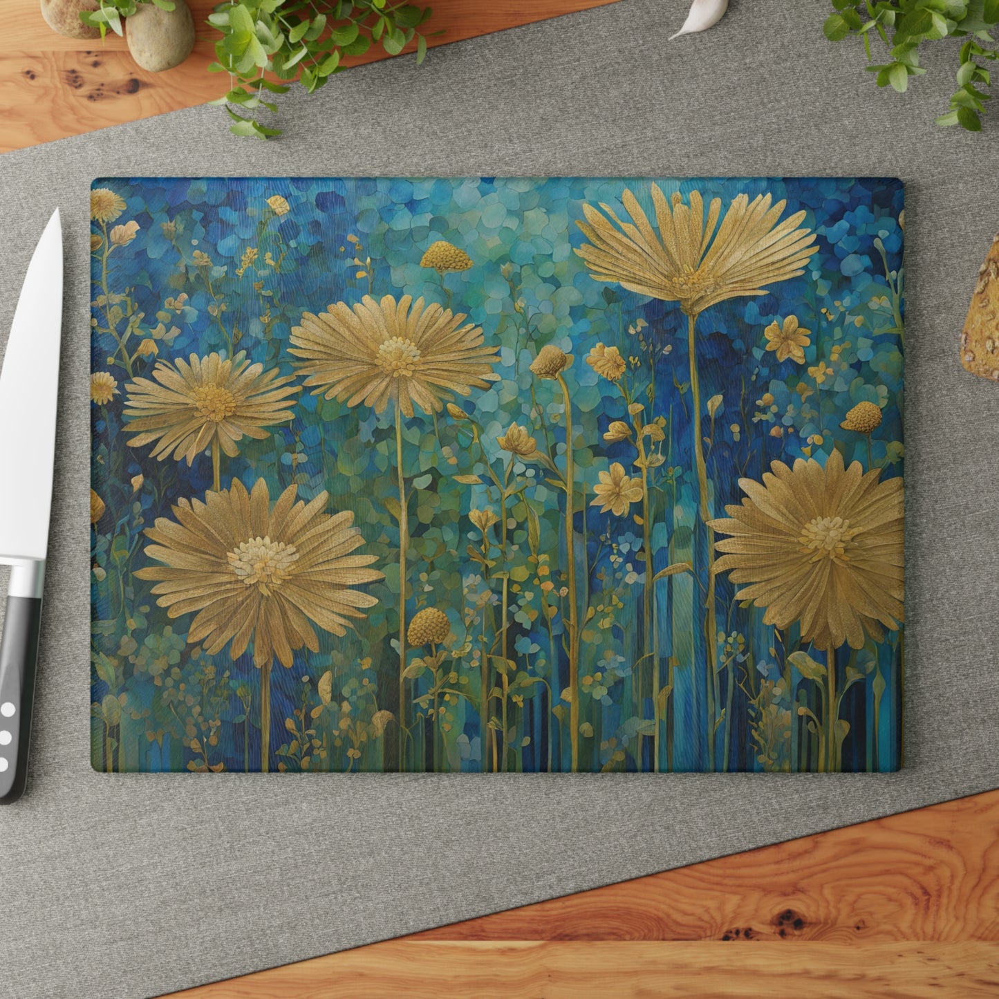 Kitchen Decor Glass Cutting Board Serving Tray with Field of Flowers Pattern Cutting Board Gift for Home Cook Charcuterie Board