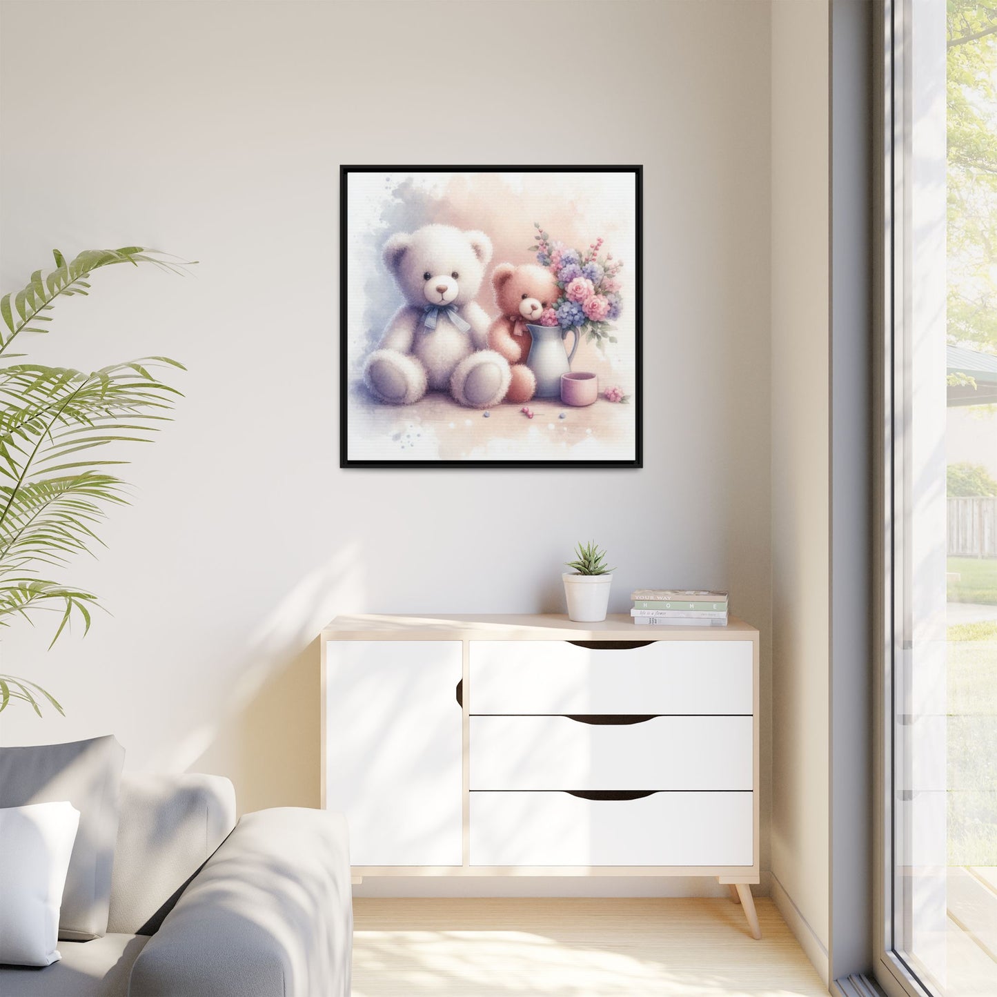Whimsical Nursery Decor Pastel Floral Teddy Bear Design Wall Art Unique Sweet Baby Room Framed Canvas Print Unisex Baby Shower Gift
