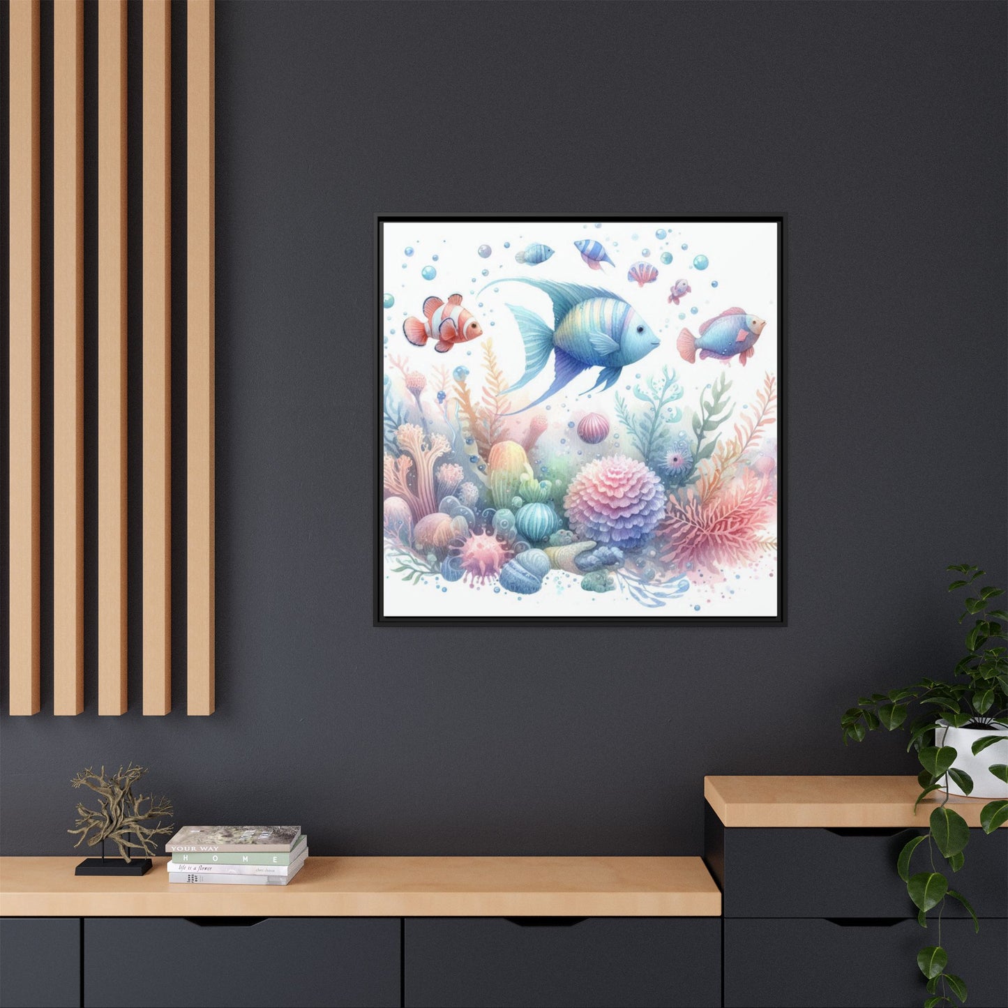 Whimsical Nursery Decor Pastel Underwater Design Unique Sweet Baby Room Framed Canvas Ocean Fish Print Unisex Baby Shower Octopus Gift