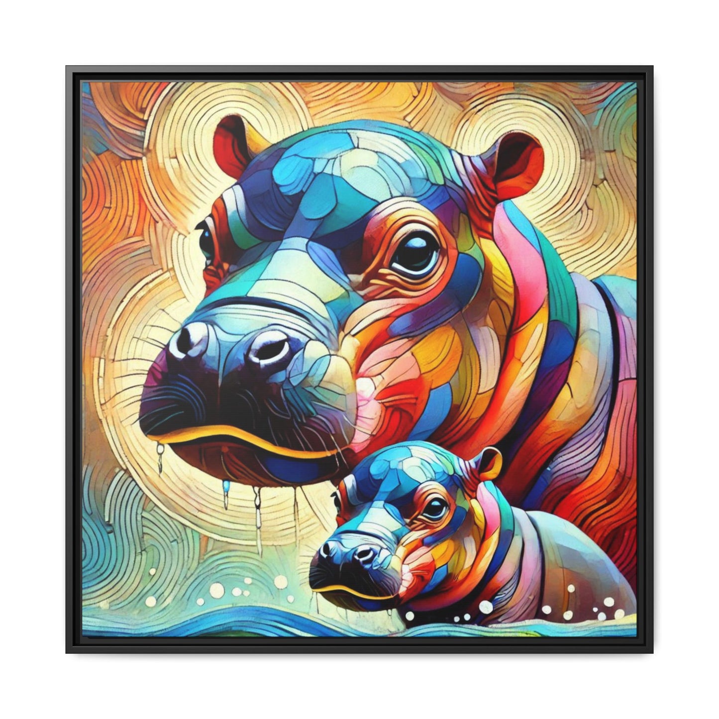 Modern Hippo Print Abstract Design Unique Framed Canvas Print Baby Hippo Wall Art Animal Lover Gift Nature Lover Decor 3 frame colors