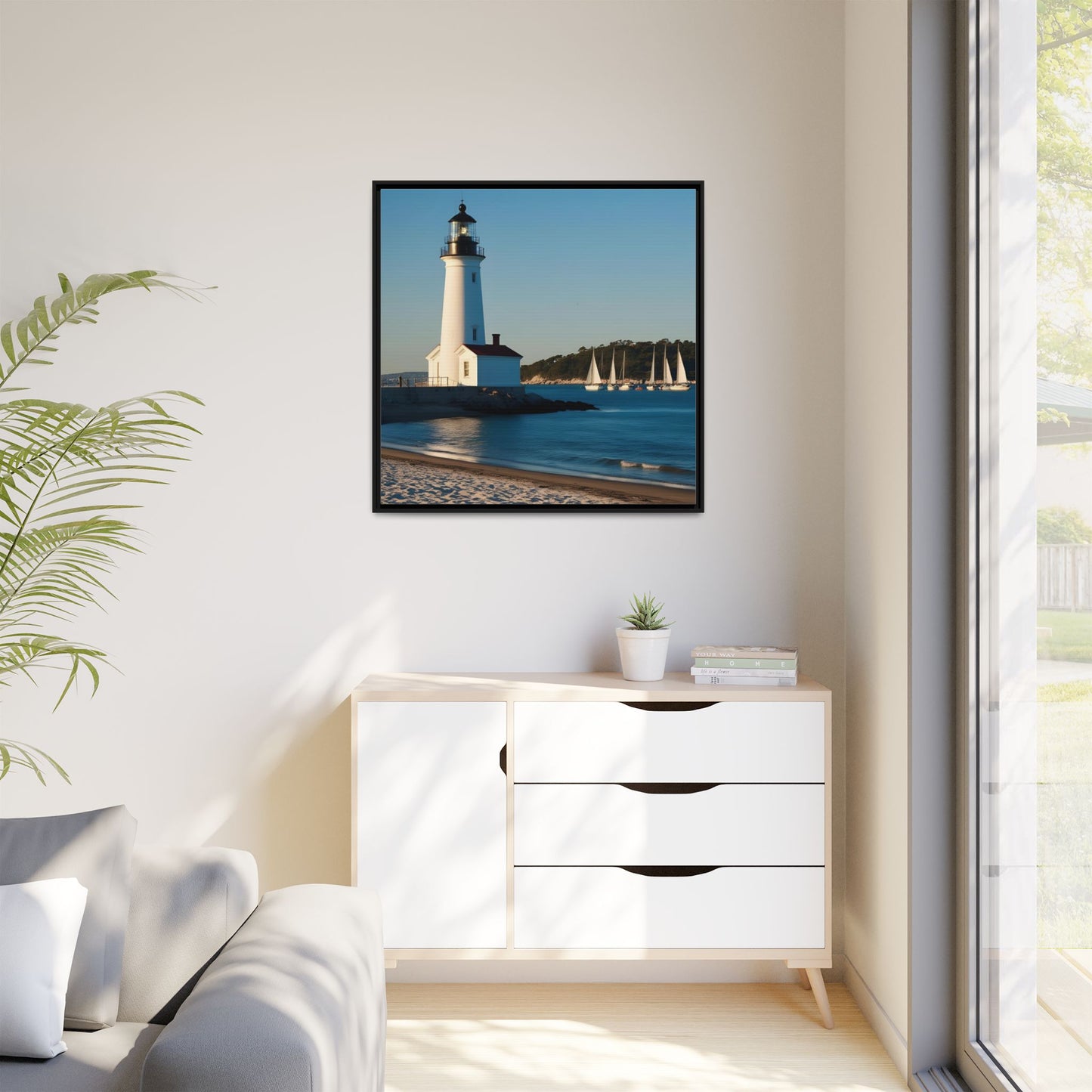 Lighthouse on the Beach Unique Framed Canvas Print Wall Art Nature Lover Gift Beachy Sailboats in the Ocean Vacation Decor 3 frame colors