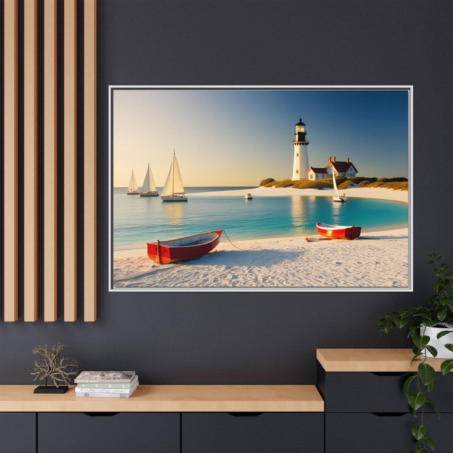 Lighthouse on the Beach Unique Framed Canvas Print Wall Art Nature Lover Gift Beachy Sailboats in the Ocean Vacation Decor 3 frame colors