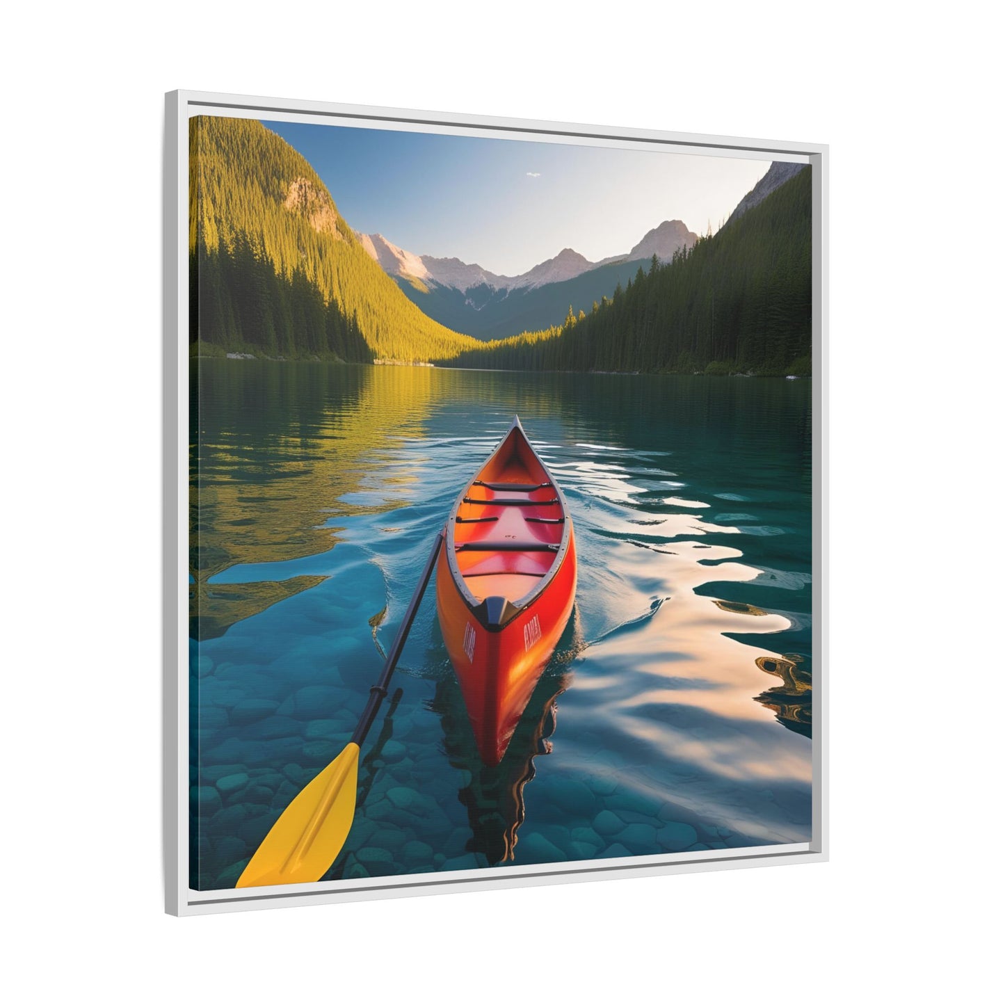 Canoe in the River Framed Canvas Wall Art Mountain Lover Outdoorsman Vacation Kayak Gift Nature Lover Peaceful Zen Gift 3 frame colors
