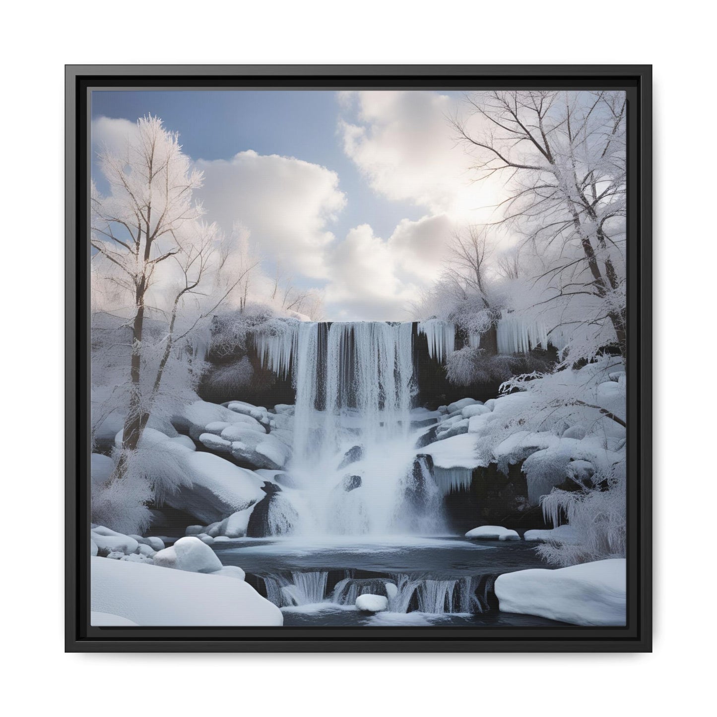 Modern Snowy Waterfall Design Unique Framed Canvas Wall Art Winter Scene Nature Lover Gift Mountain Landscape Decor Gift 3 frame colors