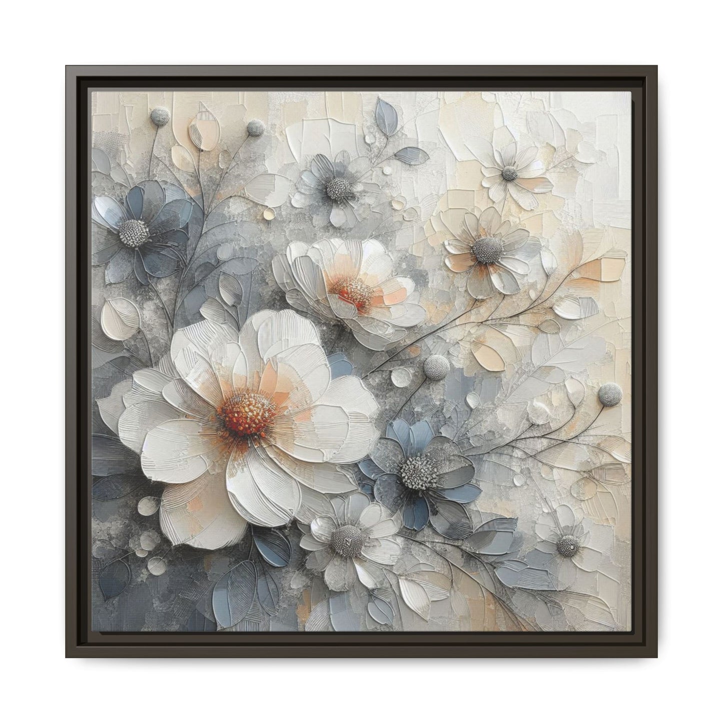 Modern Grey and White Floral Design Unique Framed Canvas Wall Art Flower Lover Gift Nature Lover Gift 3 frame colors