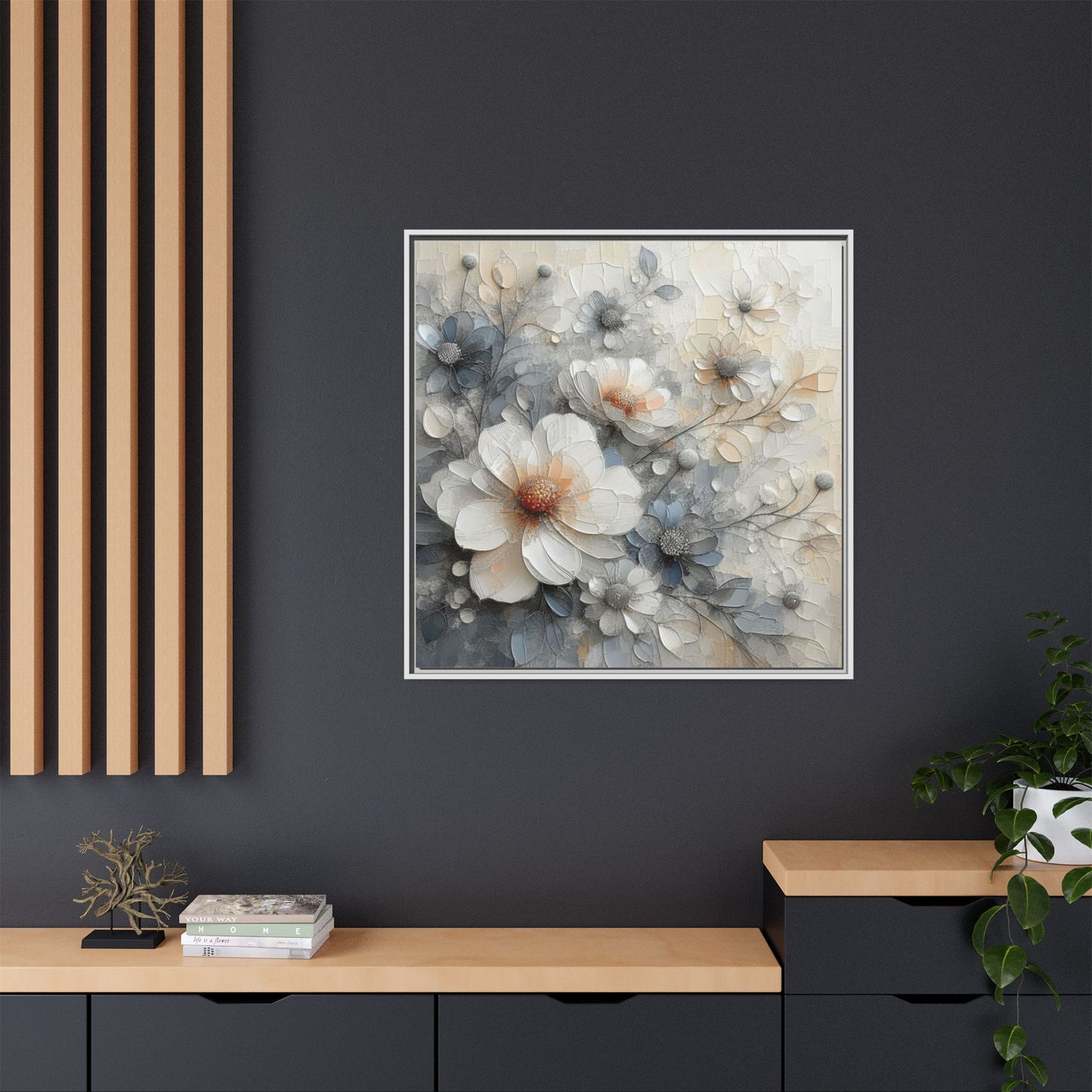 Modern Grey and White Floral Design Unique Framed Canvas Wall Art Flower Lover Gift Nature Lover Gift 3 frame colors