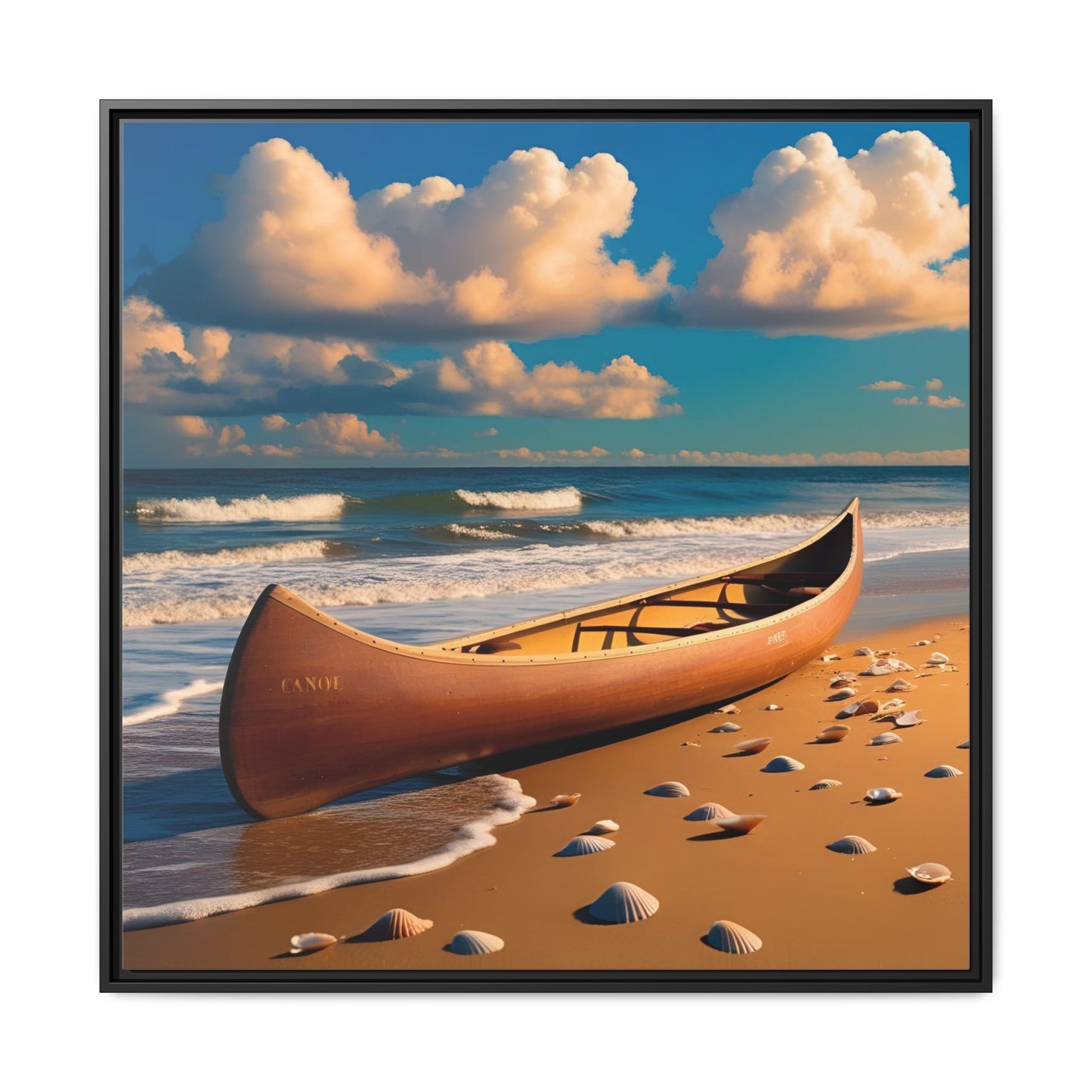 Canoe on the Beach Calm Sunny Day Framed Canvas Wall Art Beach Lover Vacation Oceanic Gift Nature Lover Peaceful Zen Gift 3 frame colors