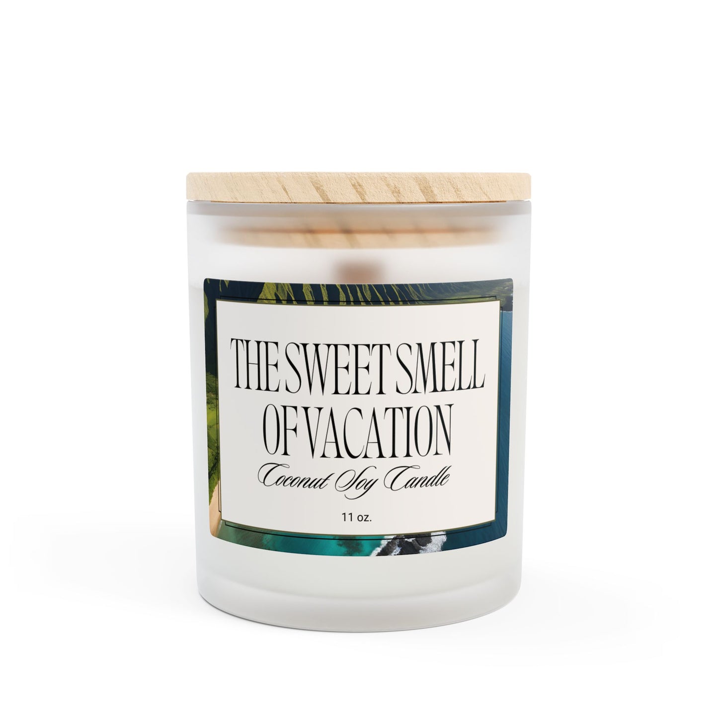 Artisanal Coconut Soy Frosted Glass Candle with Wooden Wick and Raw Maple Lid 11 oz Hand Poured Ocean Beachy Vacation Candle 50 hr burn time