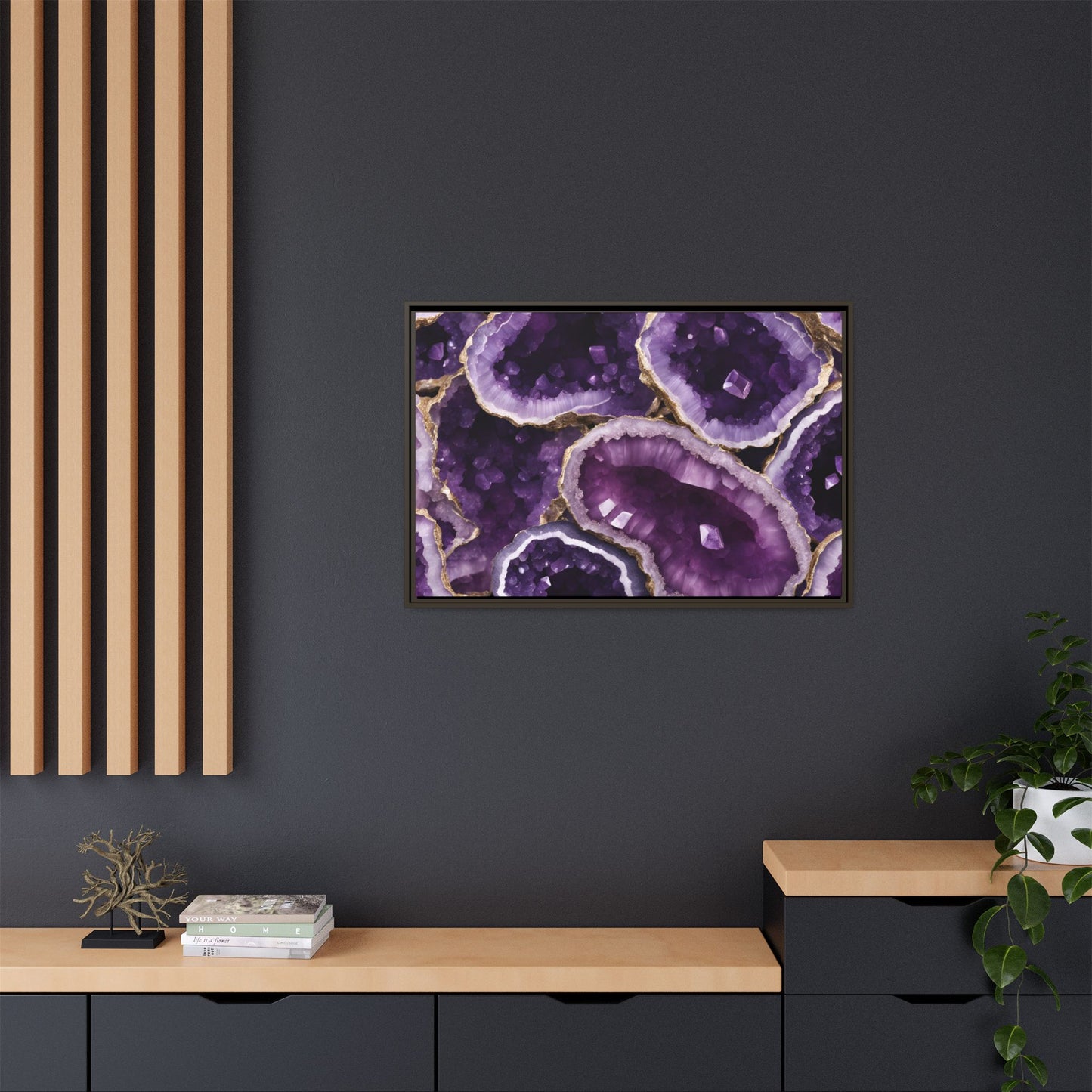 Purple Amethyst Crystal Geode Design Print Matte Canvas Wall Art Nature Lover Gift Geology Rock Lover Gift 3 frame colors to choose from