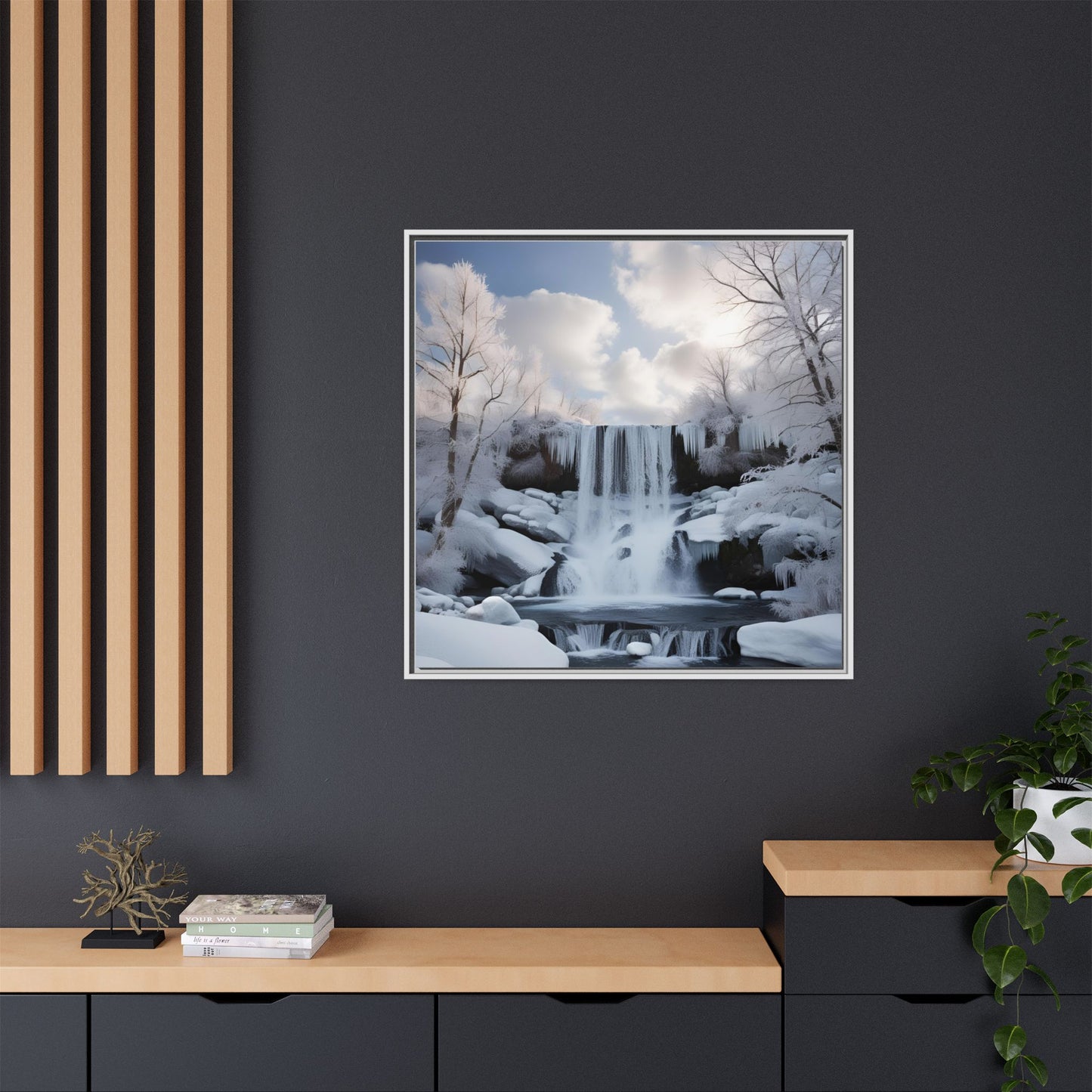 Modern Snowy Waterfall Design Unique Framed Canvas Wall Art Winter Scene Nature Lover Gift Mountain Landscape Decor Gift 3 frame colors