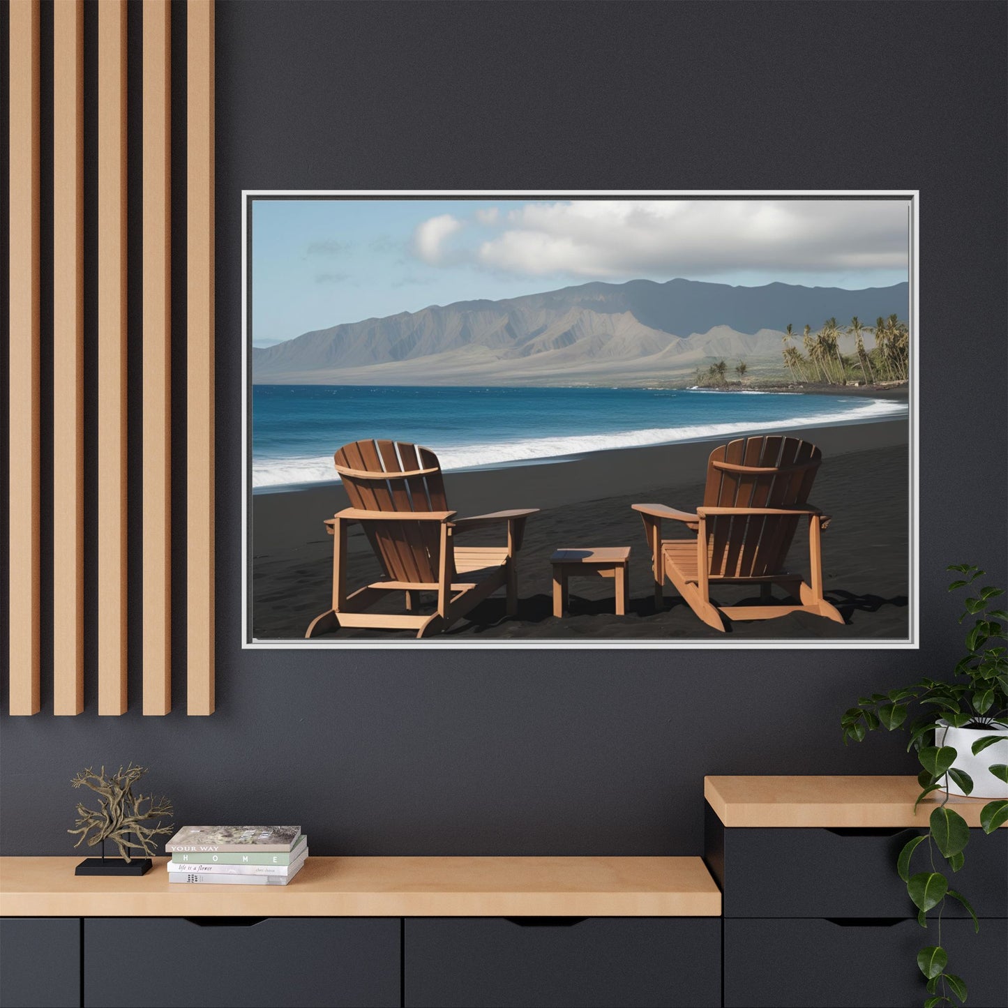 Chairs on the Maui Black Sand Beach Print Unique Framed Canvas Print Wall Art Gift Beachy Nature Lover Ocean Waves Decor 3 frame colors