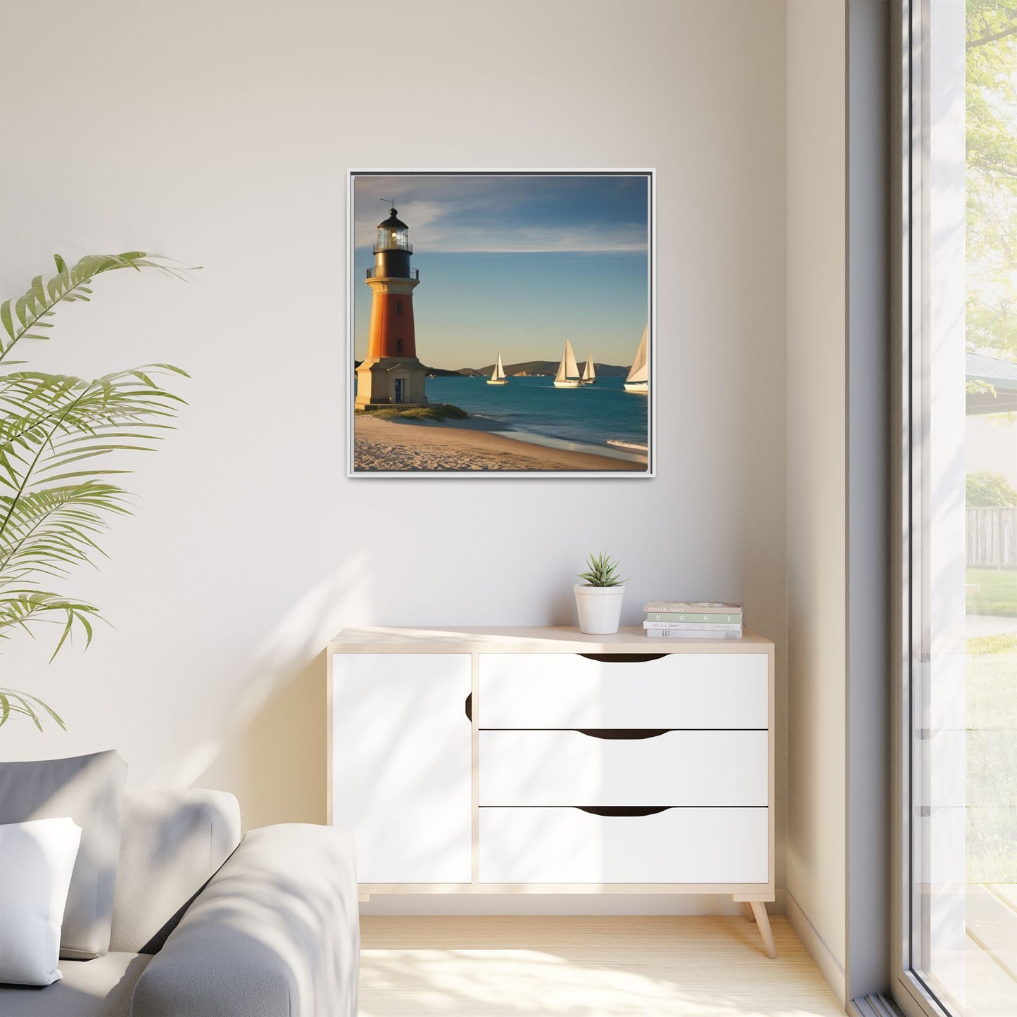 Lighthouse on the Beach Unique Framed Canvas Print Wall Art Nature Lover Gift Beachy Sailboats in the Ocean Vacation Decor 3 frame colors