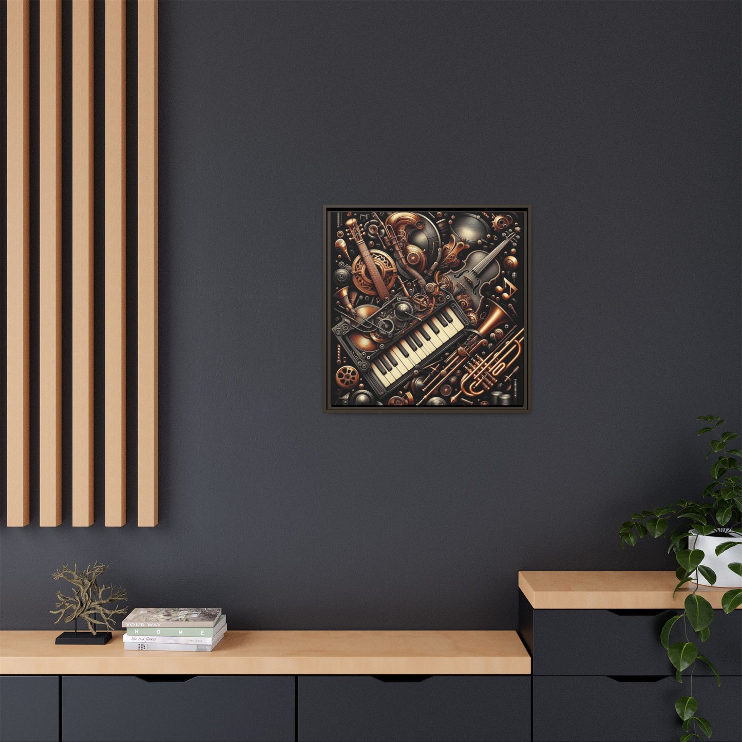Modern Music-Themed Steampunk Style Print Abstract Design Unique Framed Canvas Print Wall Art Music Lover Gift Decor 3 frame colors