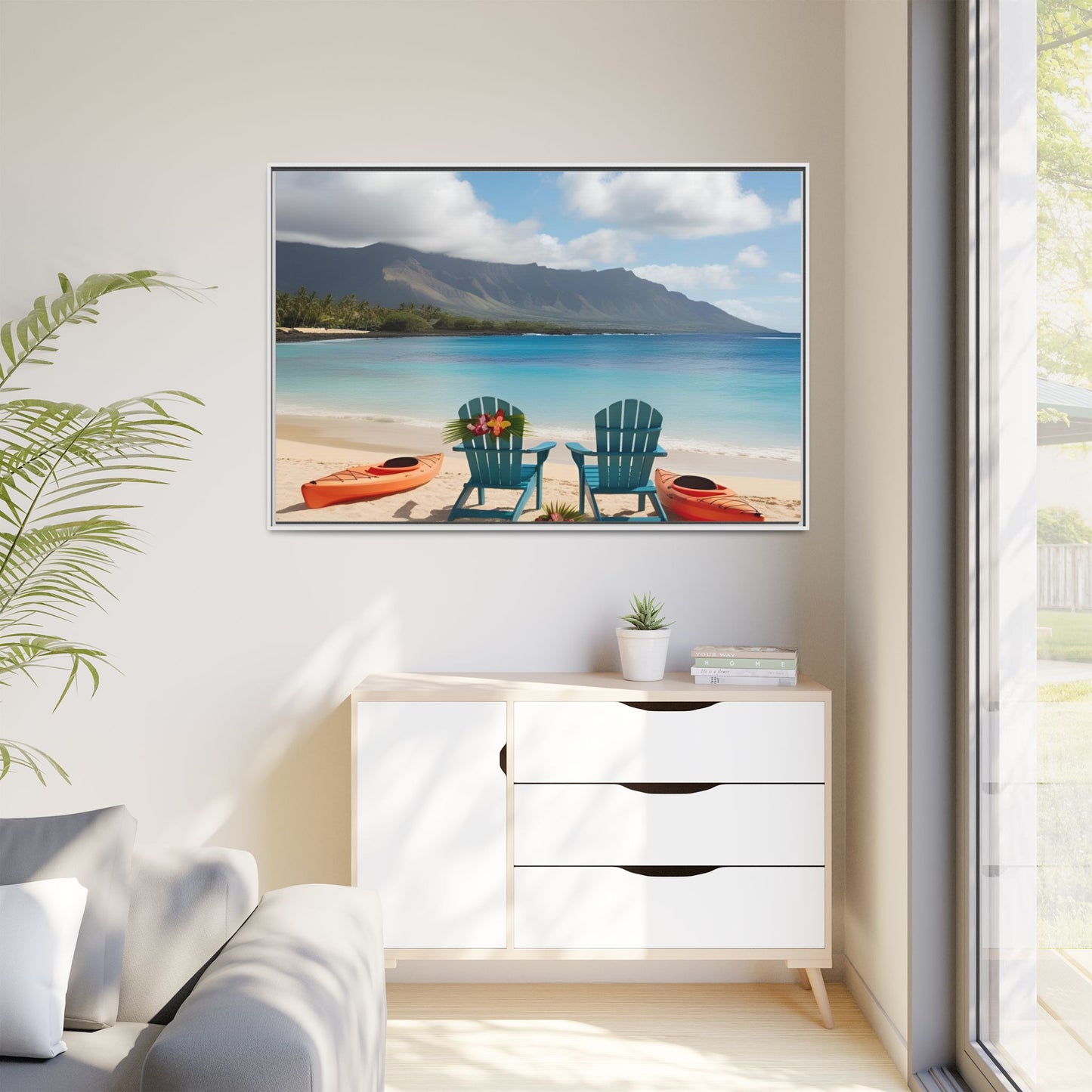 Chairs on the Beach Print Unique Framed Canvas Print Wall Art Gift Beachy Nature Lover Ocean Waves Hawaiian Vacation Decor 3 frame colors
