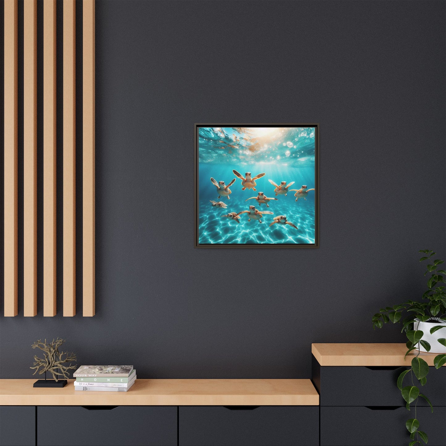 Baby Sea Turtles Out for a Swim Framed Canvas Wall Art Beach Lover Vacation Oceanic Gift Nature Lover Peaceful Zen Gift 3 frame colors