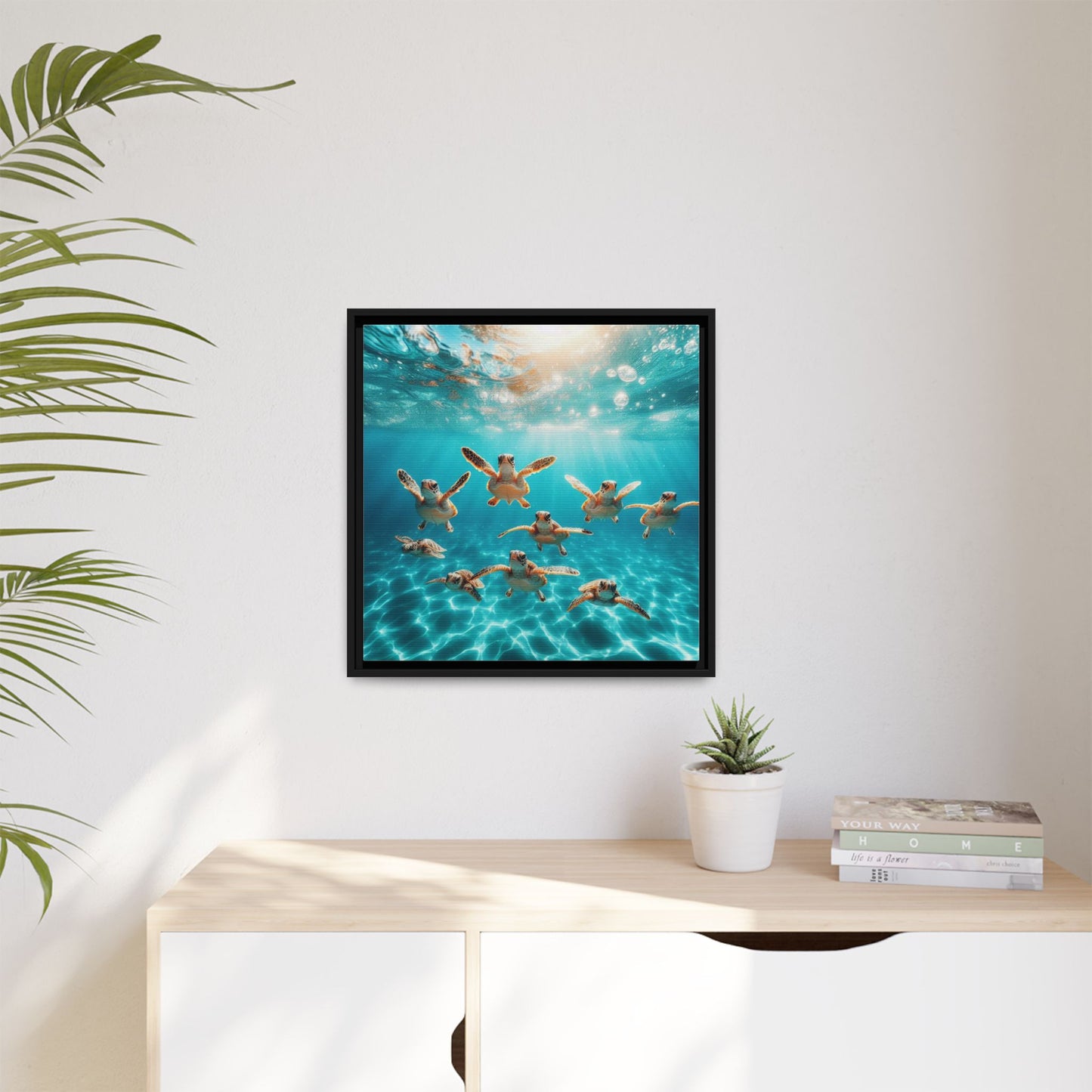 Baby Sea Turtles Out for a Swim Framed Canvas Wall Art Beach Lover Vacation Oceanic Gift Nature Lover Peaceful Zen Gift 3 frame colors