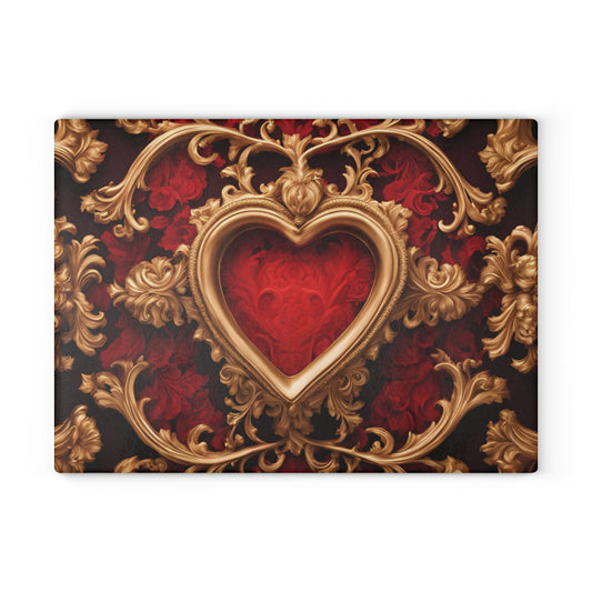 Kitchen Decor Glass Cutting Board Serving Tray with Heart Design Retro Damask Pattern Cutting Board Gift for Home Cook Charcuterie Board