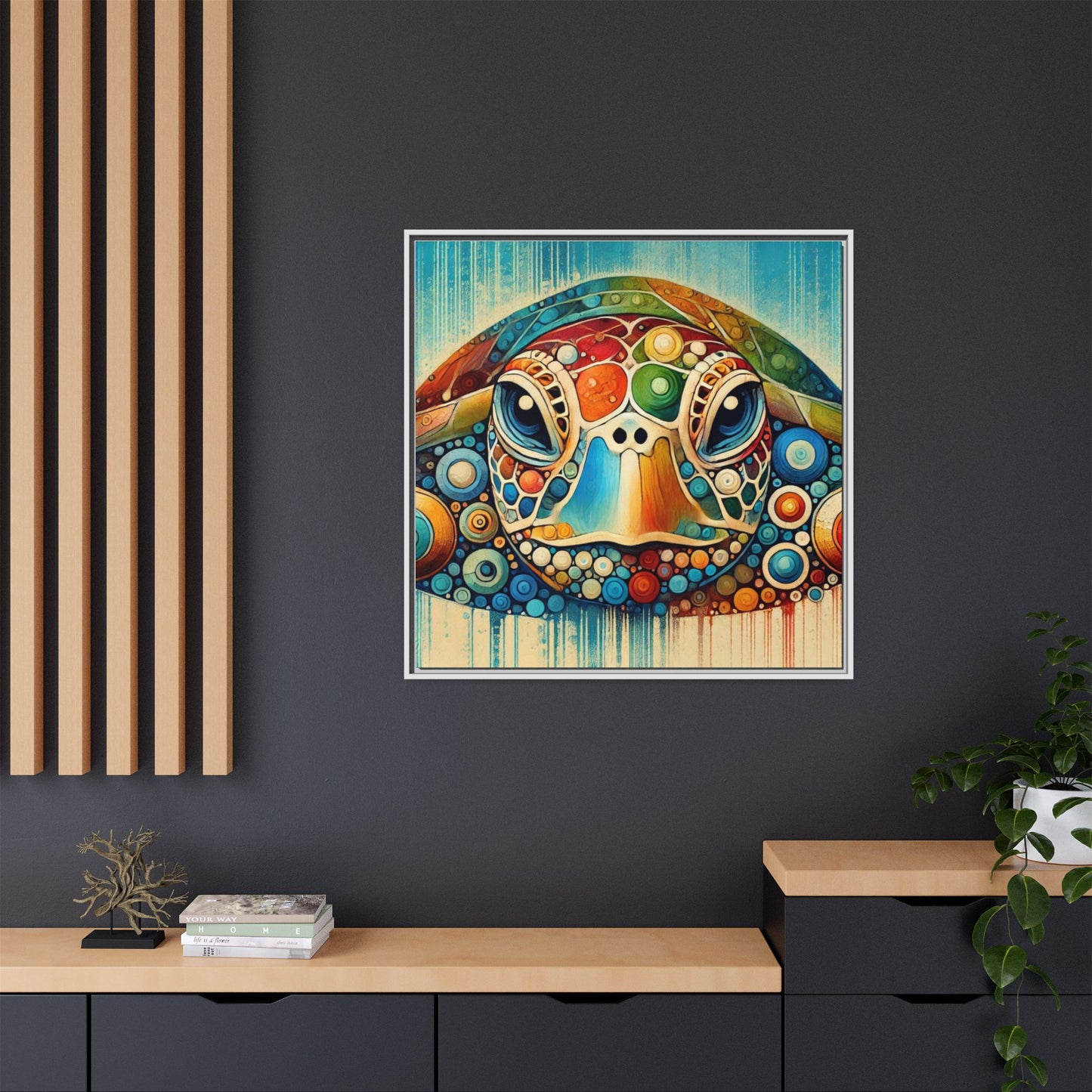 Modern Sea Turtle Print Abstract Design Unique Framed Canvas Print Oceanic Beachy Wall Art Animal Lover Nature Lover Decor 3 frame colors