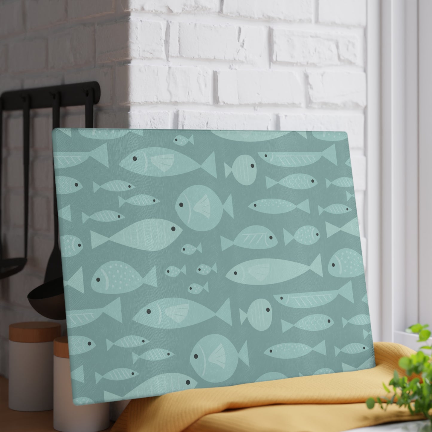 Beachy Kitchen Decor Glass Cutting Board Serving Tray with Fish Design Cutting Board Gift for Home Cook Fun Seafood Charcuterie Board