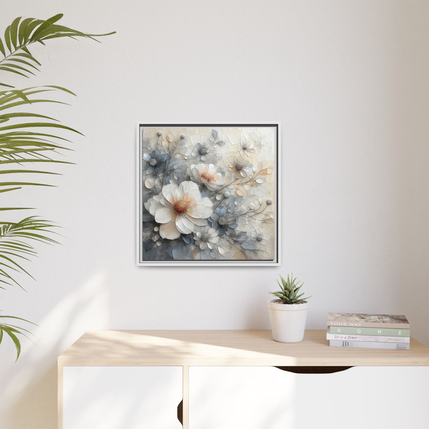 Modern Grey and White Floral Design Unique Framed Canvas Wall Art Flower Lover Gift Nature Lover Gift 3 frame colors
