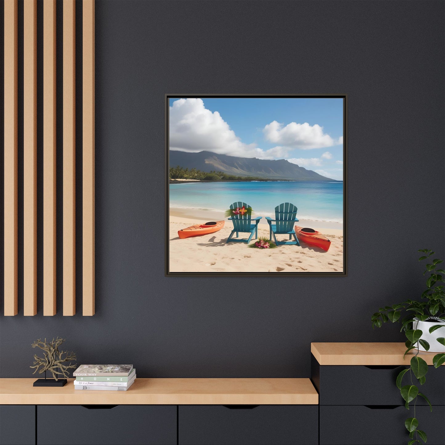 Chairs on the Beach Calm Sunny Day Framed Canvas Wall Art Beach Lover Vacation Oceanic Gift Nature Lover Peaceful Zen Gift 3 frame colors