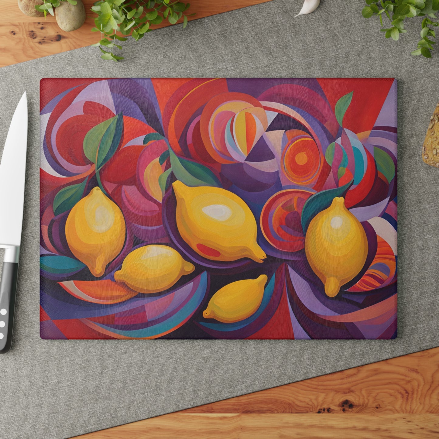 Kitchen Decor Glass Cutting Board Serving Tray with Modern Lemons Image Pattern Cutting Board Gift for Home Cook Charcuterie Board