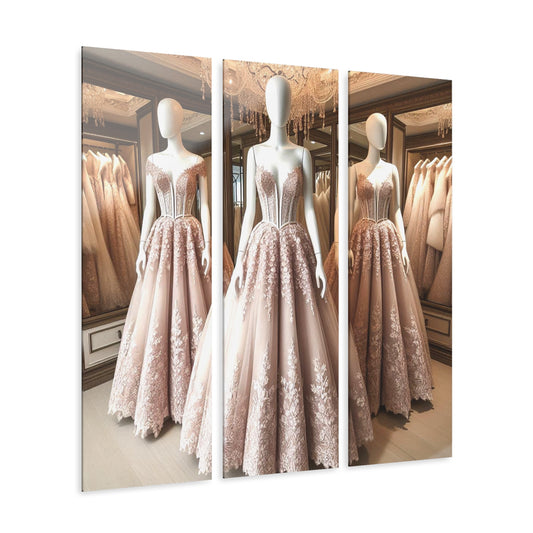 Fashion Formal Runway Damask Design Pink Dress Triptych 3-Panel Acrylic Print Wall Art Unique Haute Couture Fashionista Vintage Style Decor