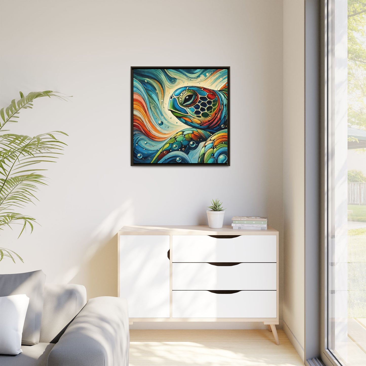 Modern Sea Turtle Print Abstract Design Unique Framed Canvas Print Oceanic Wall Art Animal Lover Gift Nature Lover Decor 3 frame colors