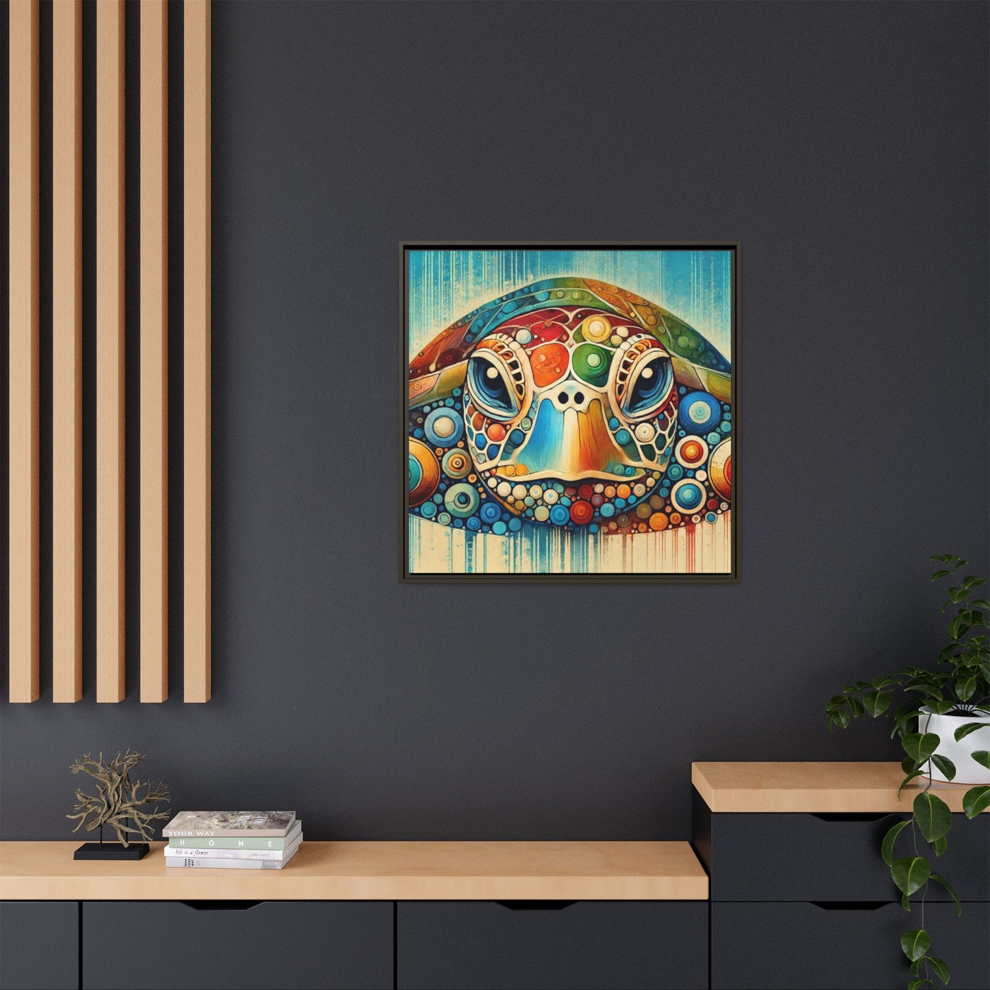 Modern Sea Turtle Print Abstract Design Unique Framed Canvas Print Oceanic Beachy Wall Art Animal Lover Nature Lover Decor 3 frame colors