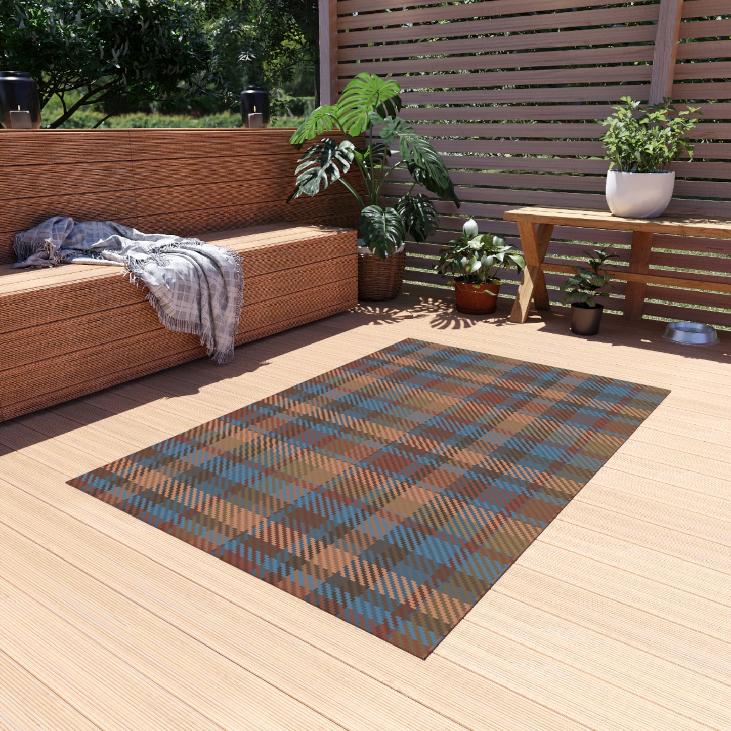 Checker Pattern Chenille Outdoor Rug with No-Skid Backing Cozy Outdoor Carpet Patio Decor Gazebo Rug Pool Area Decor Outdoor Kitchen Carpet
