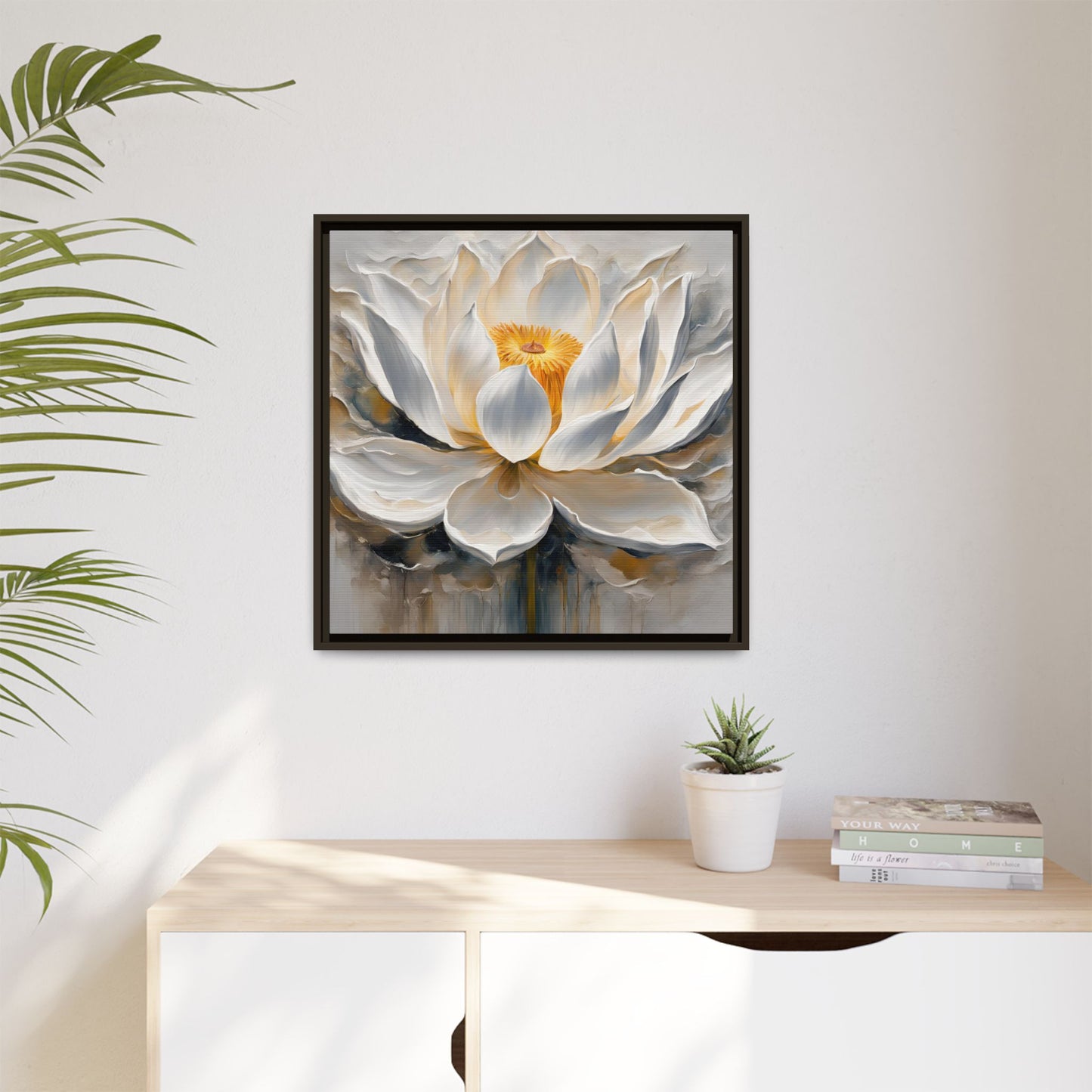 Modern Abstract Floral Design Unique Framed Canvas Wall Art White Lotus Gift Nature Lover Gift Garden Lover Gift 3 frame colors