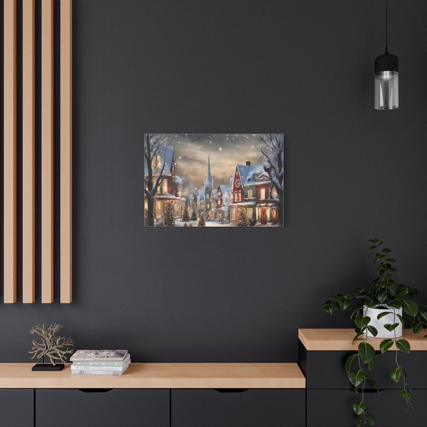 Country Town Winter Scene Print Wall Art | Matte Canvas, Stretched, 1.25" | Holiday Themed Gift