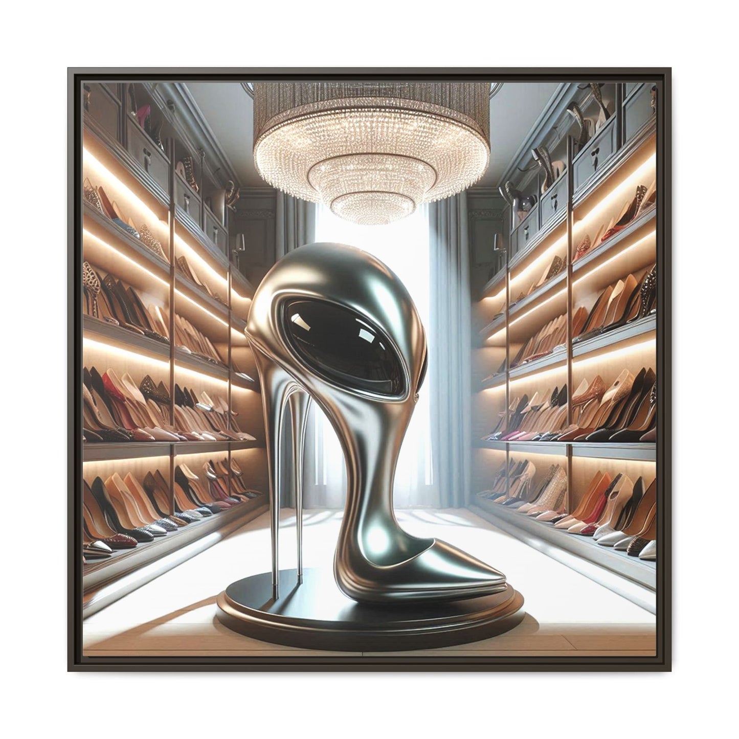 Alien High Heel Shoe Framed Canvas Print Wall Art Unique Fashion Designer Style Haute Couture Shoe Lover Fashionista Decor 3 Frame Colors