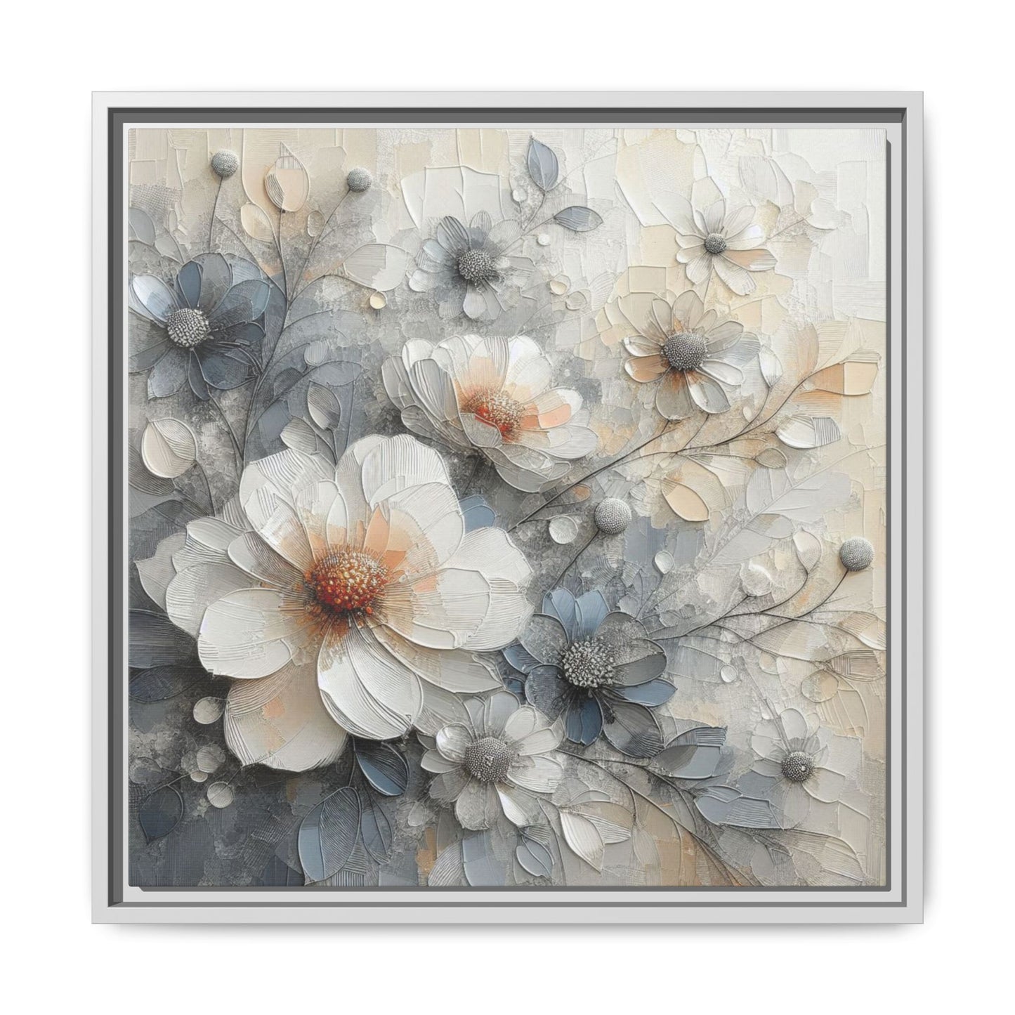 Modern Grey and White Floral Design Unique Framed Canvas Wall Art Flower Lover Gift Nature Lover Gift 3 frame colors