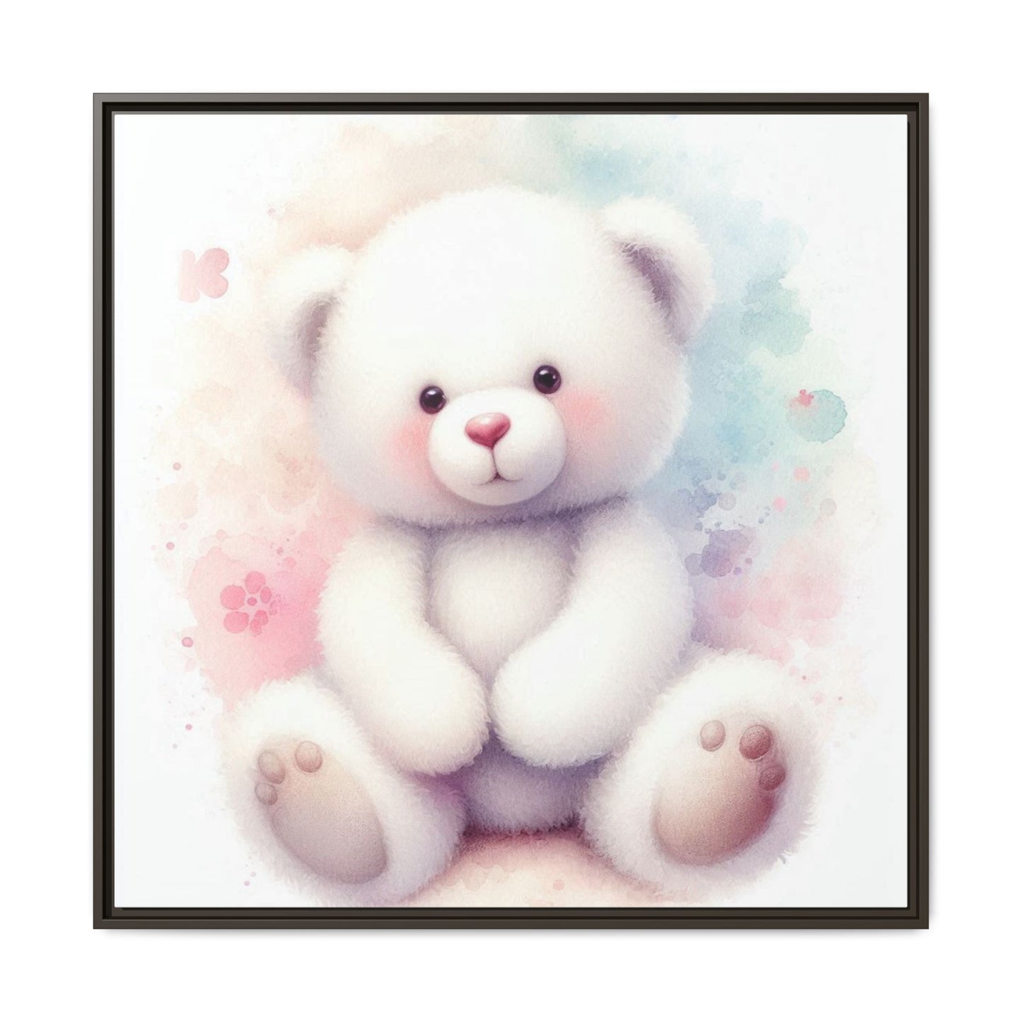 Whimsical Nursery Decor Pastel Floral Teddy Bear Design Wall Art Unique Sweet Baby Room Framed Canvas Print Unisex Baby Shower Gift