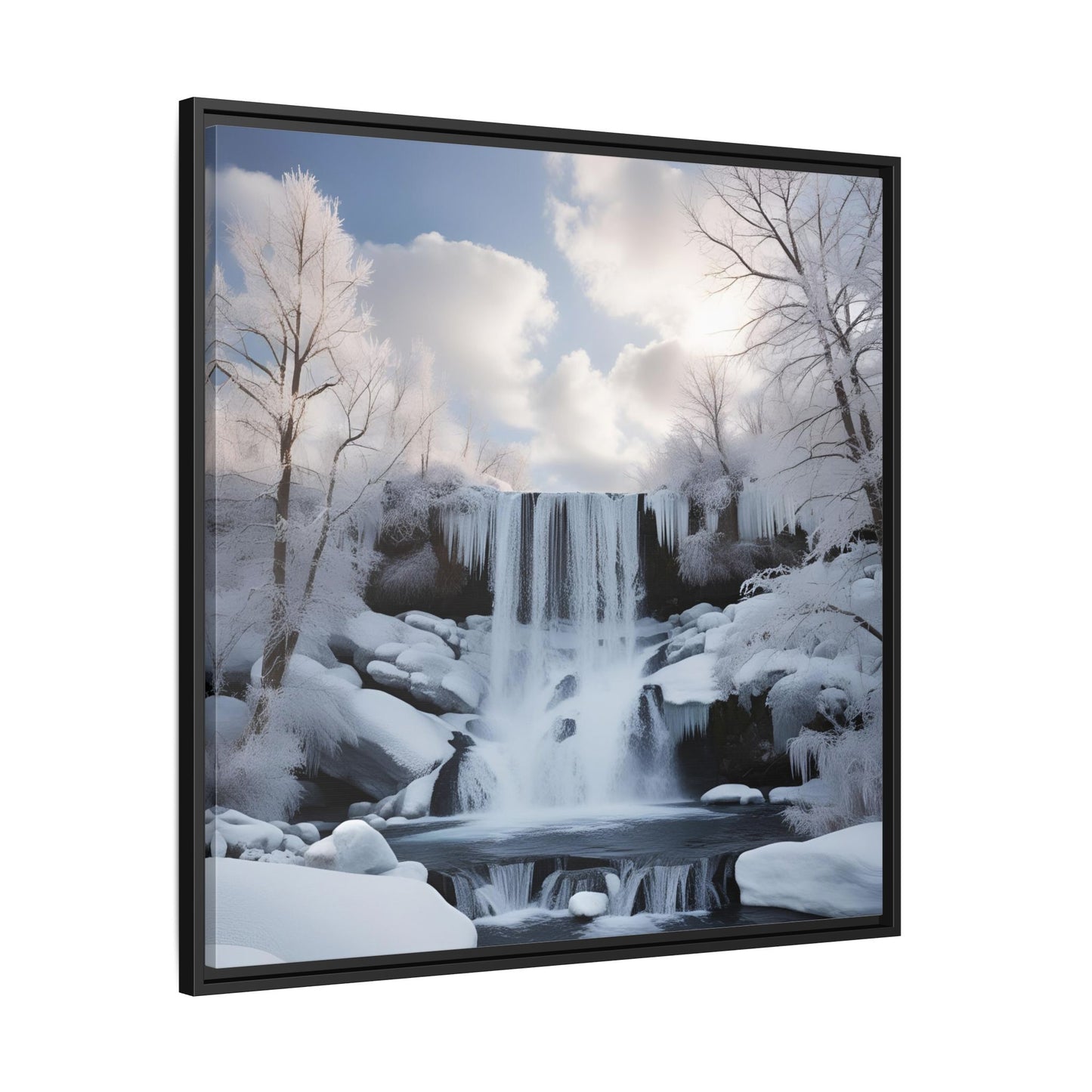 Modern Snowy Waterfall Design Unique Framed Canvas Wall Art Winter Scene Nature Lover Gift Mountain Landscape Decor Gift 3 frame colors