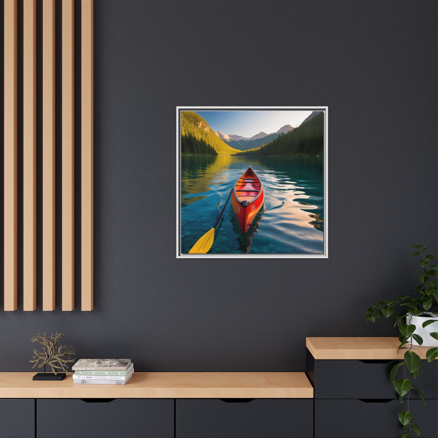 Canoe in the River Framed Canvas Wall Art Mountain Lover Outdoorsman Vacation Kayak Gift Nature Lover Peaceful Zen Gift 3 frame colors