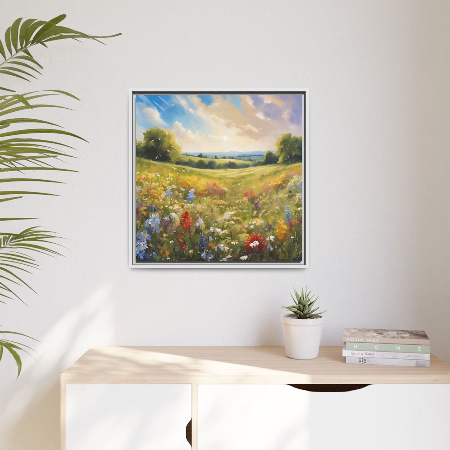 Modern Filed of Flowers Design Unique Framed Canvas Wall Art Gift Nature Lover Landscape Decor Gift 3 frame colors