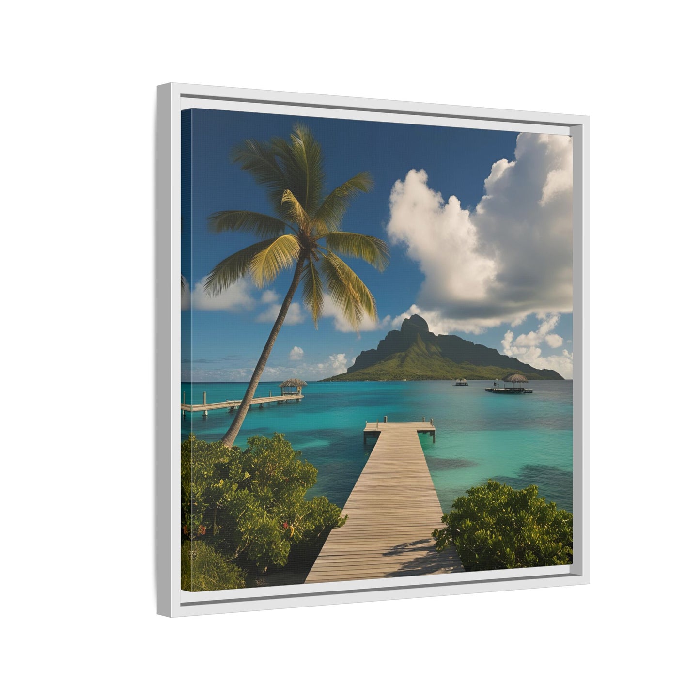 Tropical Island Calm Sunny Day Framed Canvas Wall Art Volcano Beach Vacation Oceanic Gift Nature Lover Peaceful Zen Gift 3 frame colors