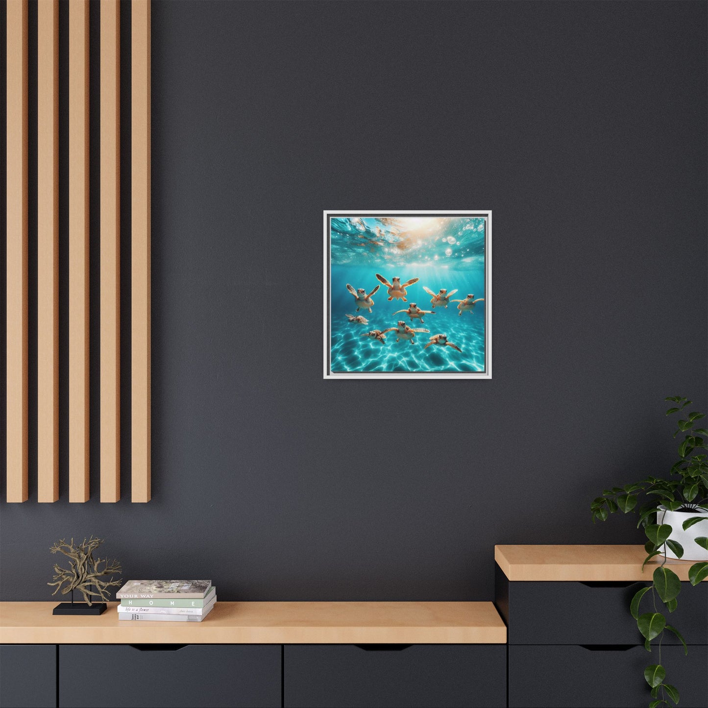 Baby Sea Turtles Out for a Swim Framed Canvas Wall Art Beach Lover Vacation Oceanic Gift Nature Lover Peaceful Zen Gift 3 frame colors