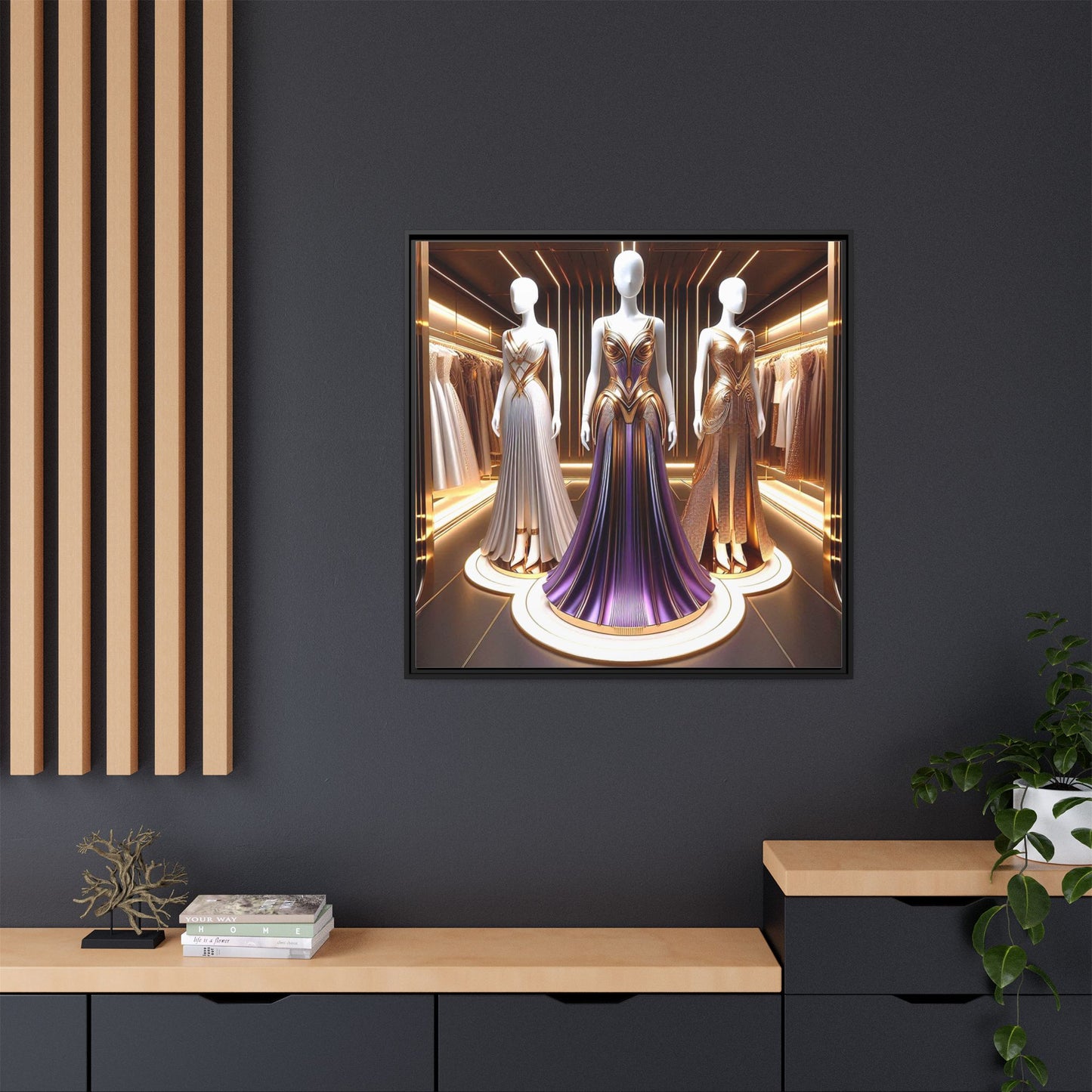 Futuristic Bodycon Runway Dress Framed Canvas Print Wall Art Unique Fashion Designer Style Haute Couture Fashionista Gift 3 Frame Colors