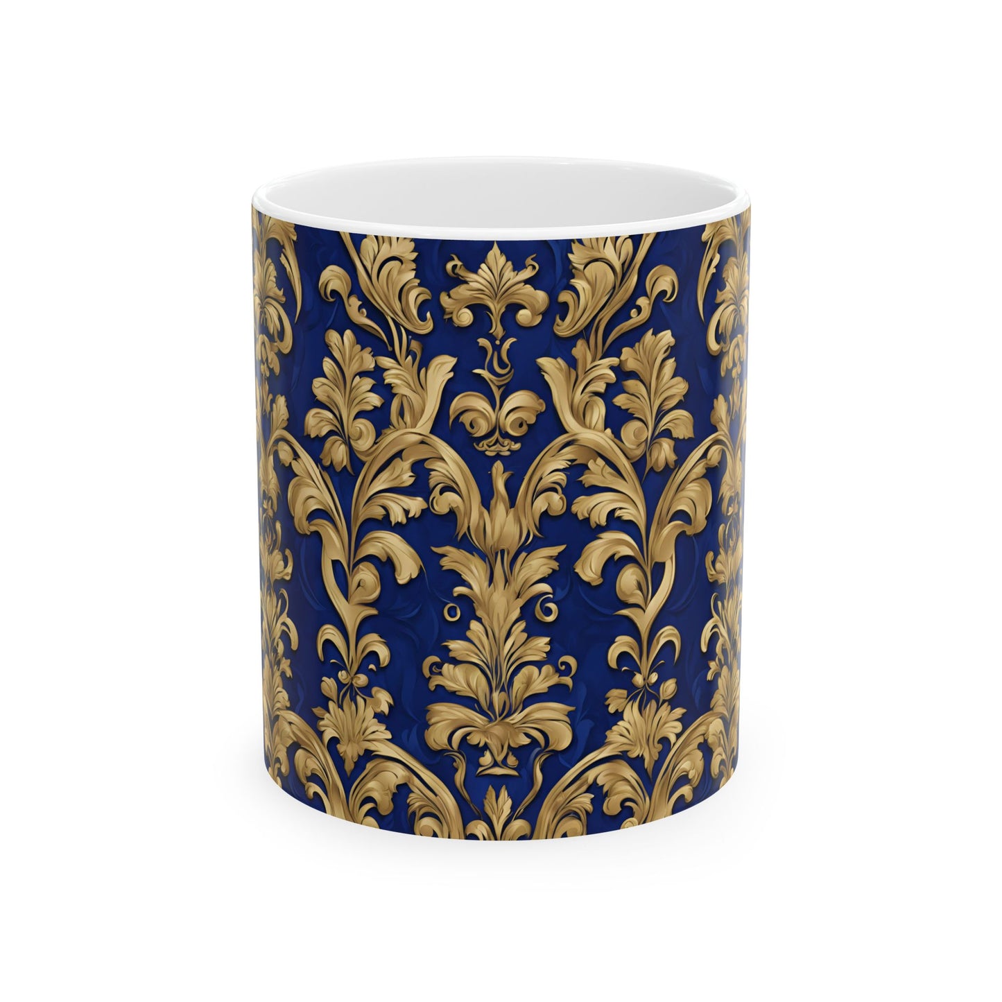 Beautiful Royal Blue and Gold Damask Vintage Tapestry Design Pattern Ceramic Mug, (11oz)