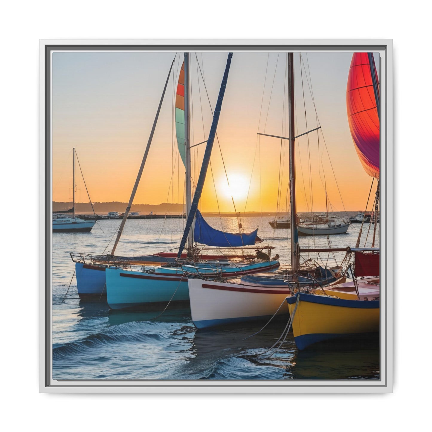 Sailboats at Sunset in Harbor Framed Canvas Wall Art Beach Lover Vacation Oceanic Gift Nature Lover Peaceful Zen Sunrise Art 3 frame colors