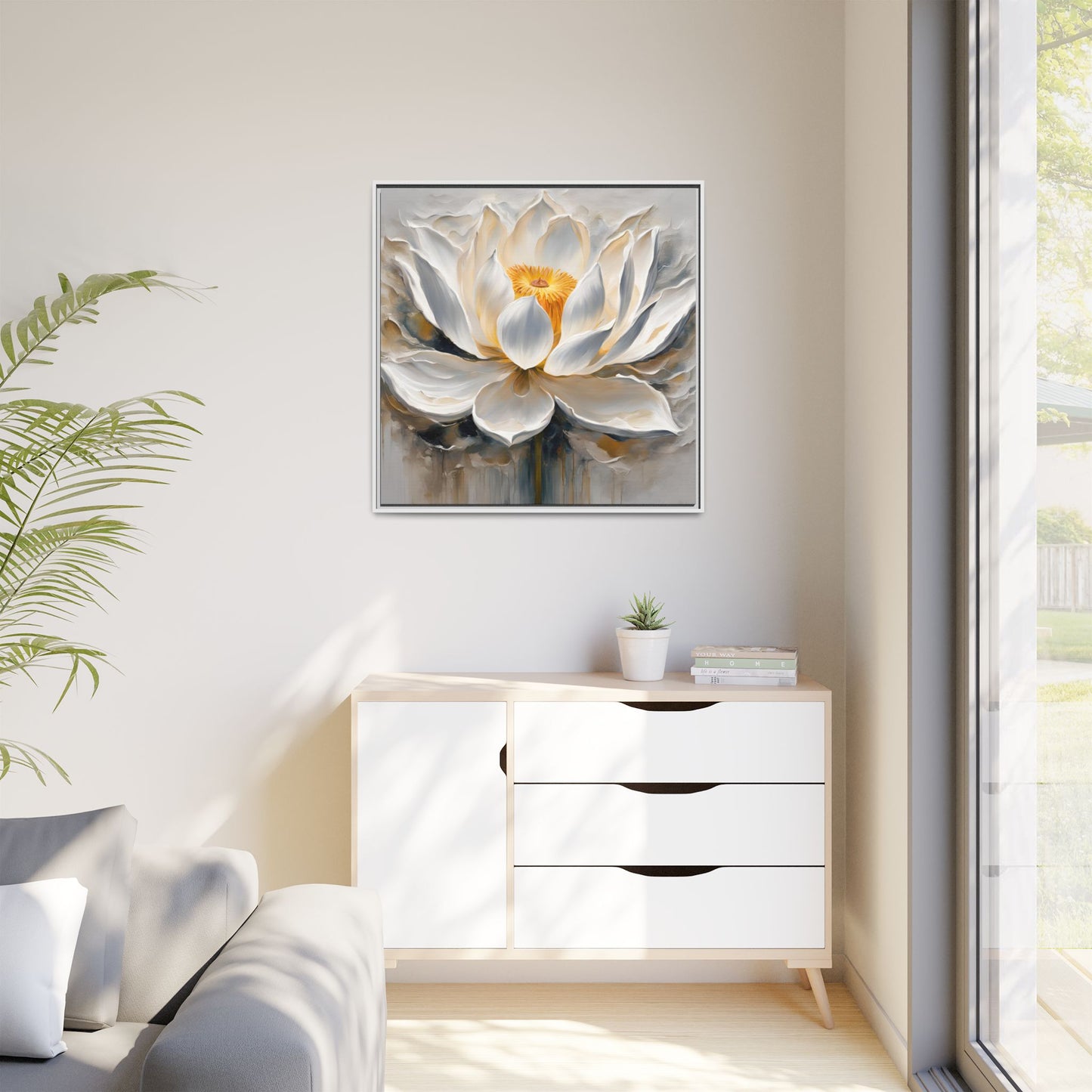 Modern Abstract Floral Design Unique Framed Canvas Wall Art White Lotus Gift Nature Lover Gift Garden Lover Gift 3 frame colors