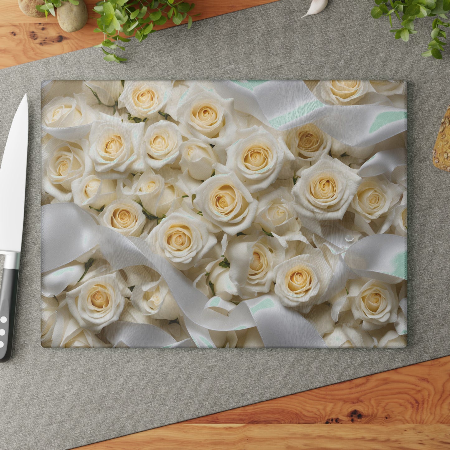 Kitchen Decor Glass Cutting Board Serving Tray with Rose Design Satin Ribbon Pattern Cutting Board Gift for Home Cook Charcuterie Board
