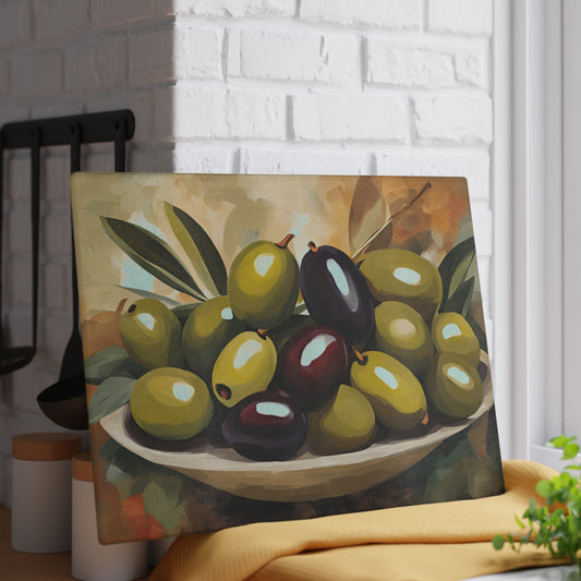Kitchen Decor Glass Cutting Board Serving Tray with Colorful Olives Design Cutting Board Gift for Home Cook Charcuterie Board