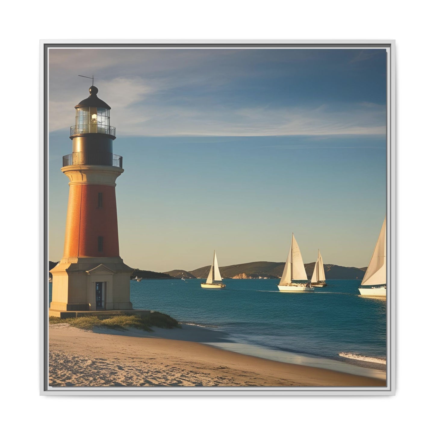 Lighthouse on the Beach Unique Framed Canvas Print Wall Art Nature Lover Gift Beachy Sailboats in the Ocean Vacation Decor 3 frame colors